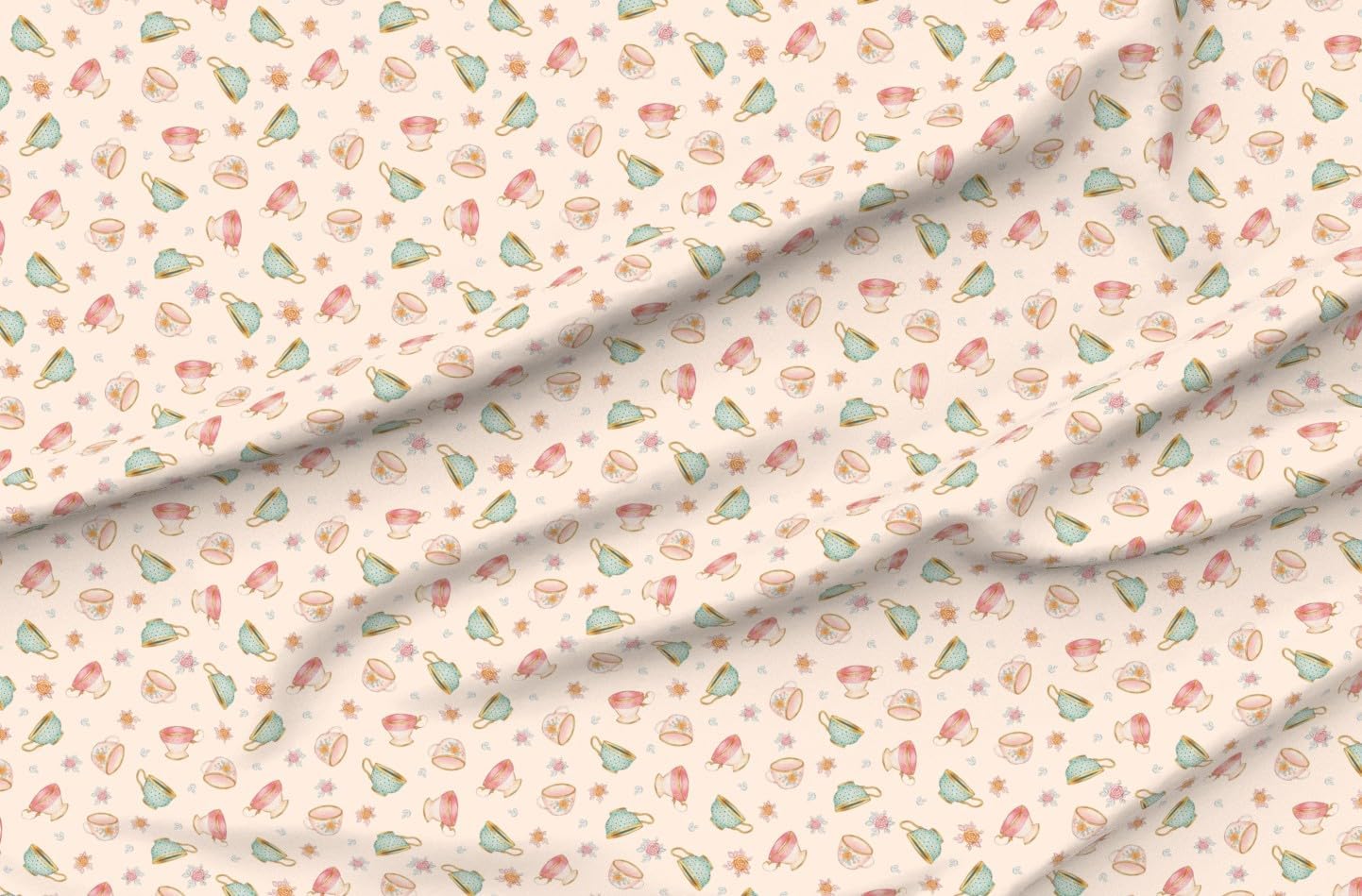 Spoonflower Fabric - Watercolor Victorian Edwardian Regency Floral Teacups Romantic Printed on Petal Signature Cotton Fabric by The Yard - Sewing Quilting Apparel Crafts Decor