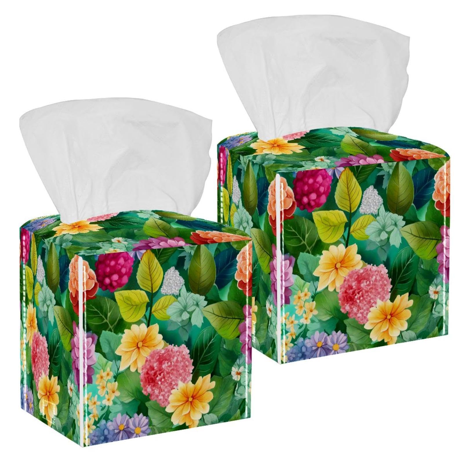 Watercolor Flowers Tissue Box Cover, 2 Pack PU Leather Square Facial Tissue Dispenser Box holder for Home Office Car