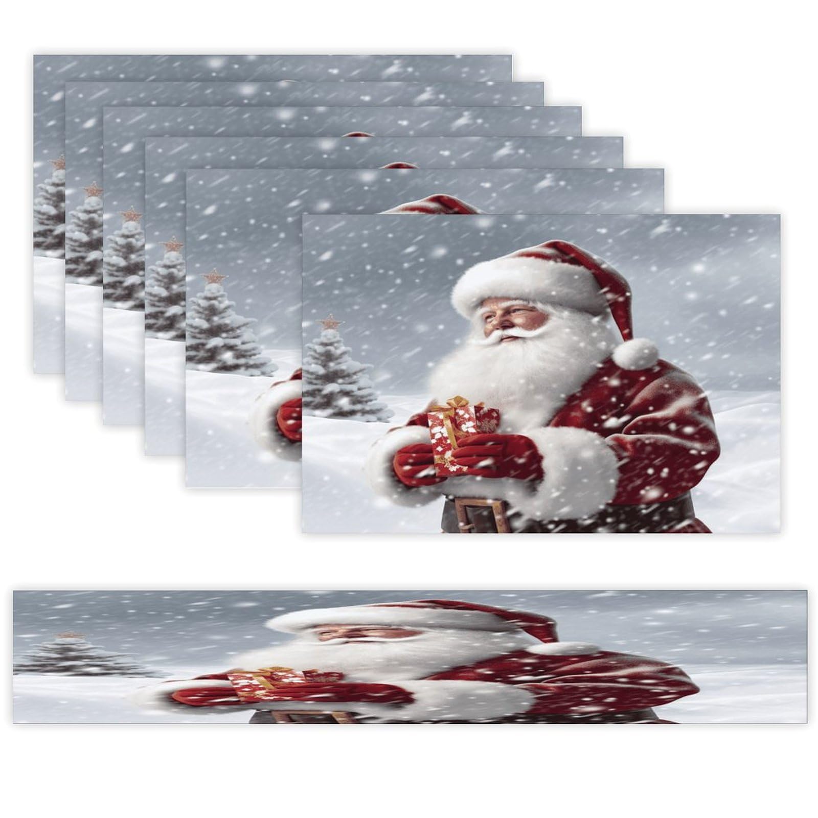 Santa Claus Snow Secenry Table Runner and Placemats Set of 6 for Kitchen Washable Table Mats Heat Resistant Place Mats Non-Slip Place Mat Wipeable Placemat(6 Placemats+1 Table Runner)