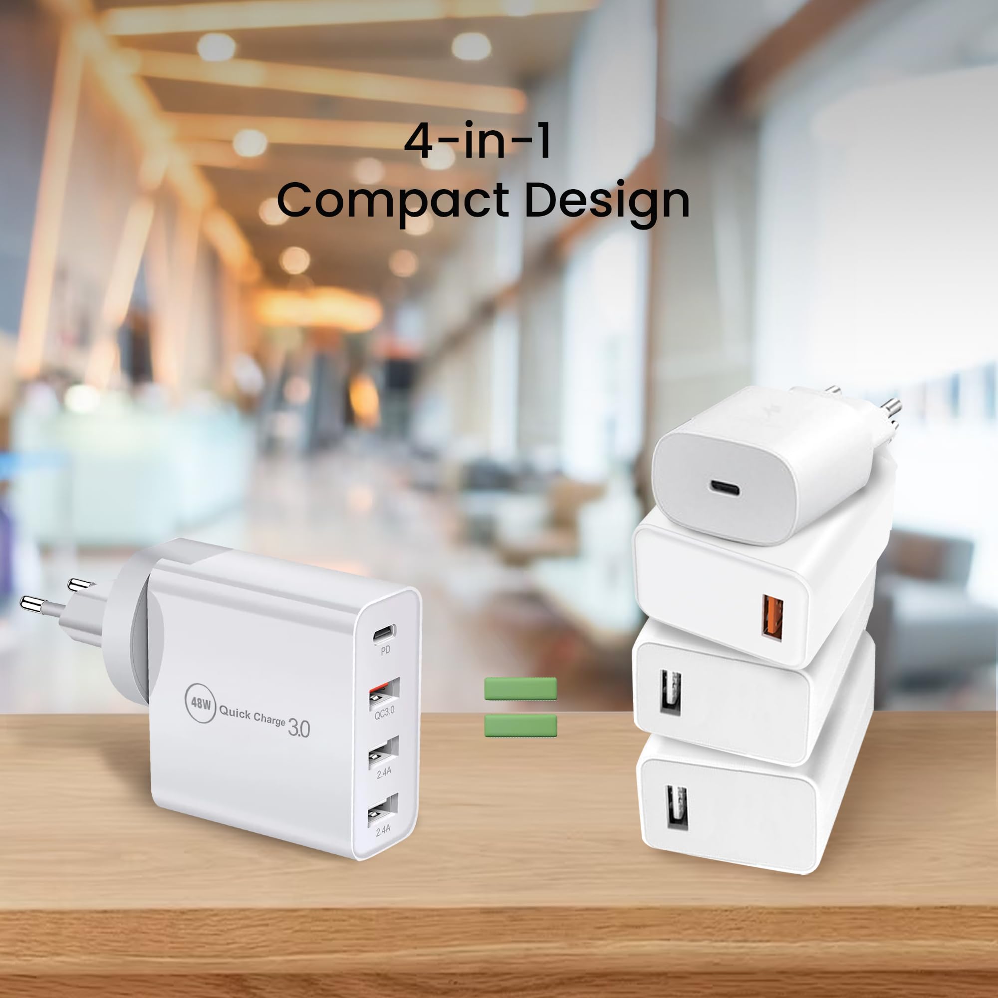 Caricatore USB C da 48 W e cavo USB-c (3 m), caricatore rapido 4 porte Quick Charger PD 3.0 più volte compatibile con iPhone 15, İpad, Samsung, Huawei, Xiaomi, adattatore di alimentazione, USB A e