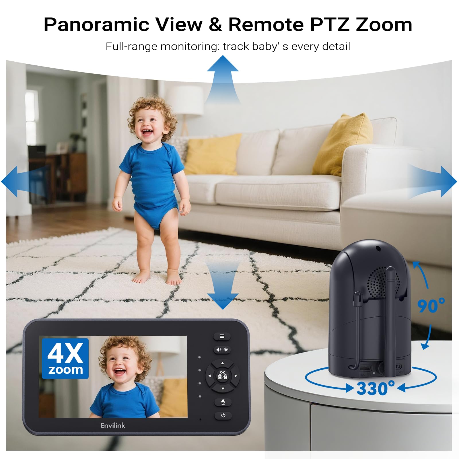 Monitor de video para bebé 720P con cámara y audio, pantalla de 5 pulgadas, sin wifi o modo de aplicación gratuita para smartphone, cámara de panorámica/inclinación/zoom, canciones de cuna