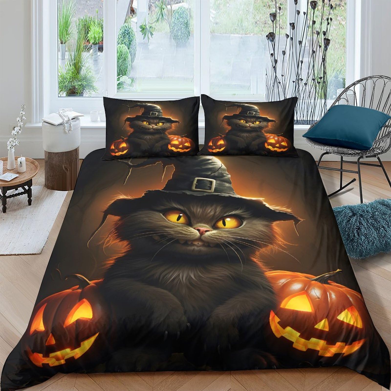 Ctjqhvkz Style-2 3D Printed Halloween Cat Fitted Sheet Microfiber Soft Pumpkin Bed Sheet For Bedroom Guest Room Decor Protection Single（135X200cm）