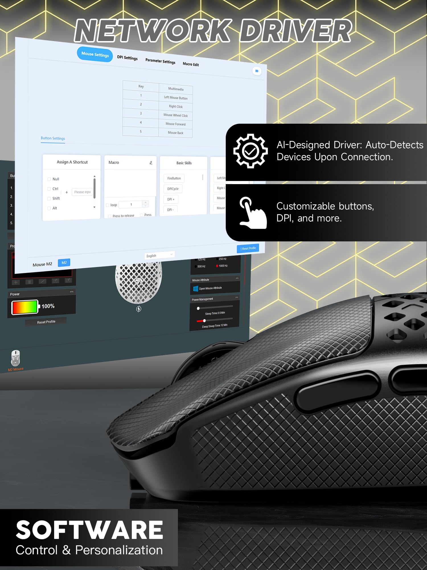 MAMBASNAKE M2 Ultra-Lightweight Wireless Gaming Mouse, PAW3395PRO Sensor 40000 dpi, 41g Carbon Fiber, Mouse Coiled Cable, Tri-Mode 2.4G/Bluetooth/Wired, 100M Clicks, Cloud Driver, Ergonomic Design