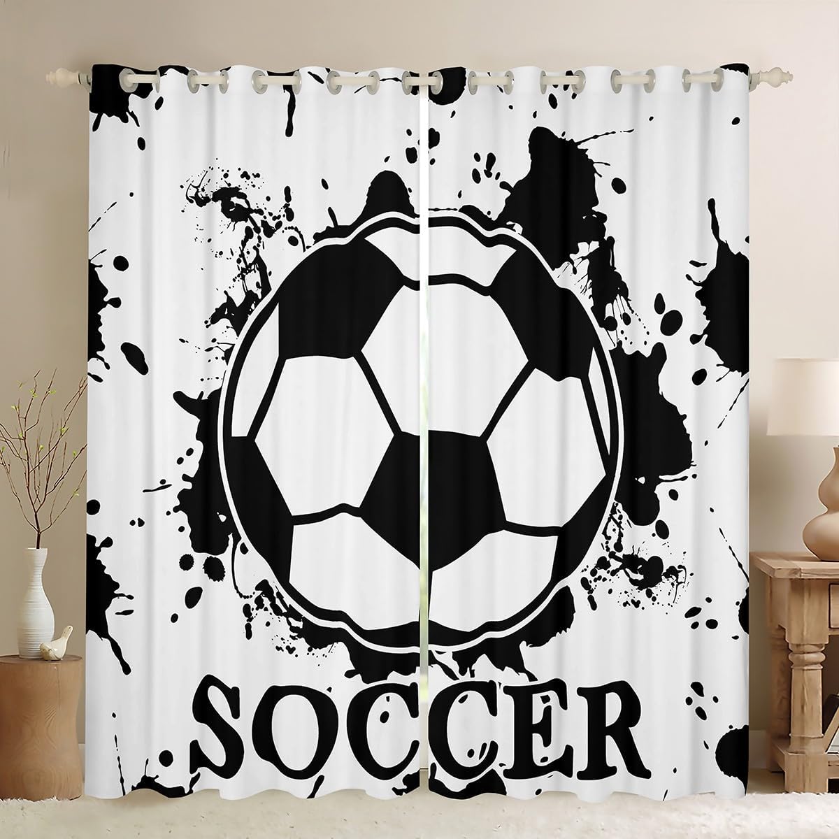 Feelyou Soccer Curtains Tie Dye Window Curtains for Bedroom Living Room for Kids Boys Girls Teens Room Decor Black White Window Drapes Sports Games Window Treatments 52W X 90L,2 Panels