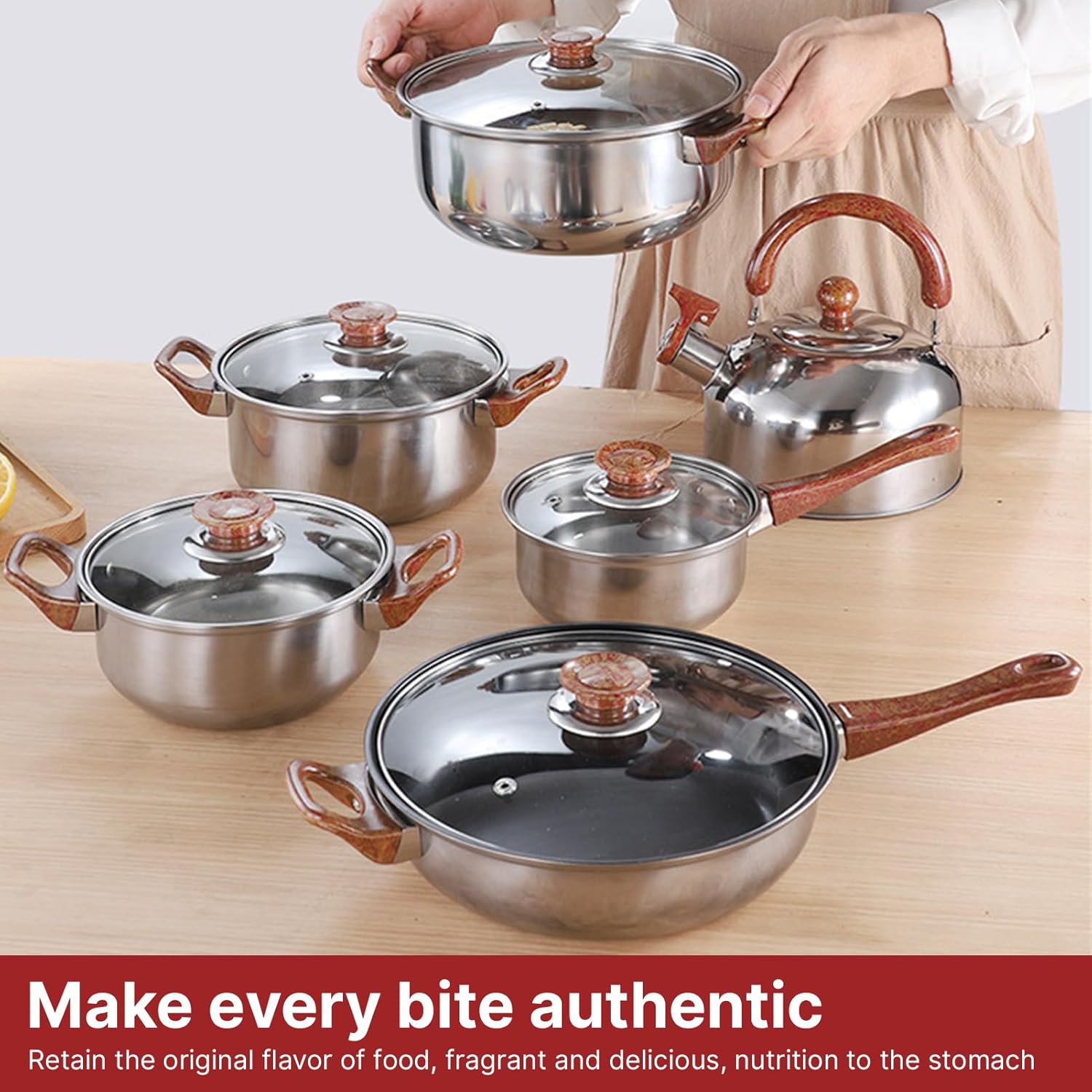 Stainless Steel Pans Set, Nonstick Cookware with Lids, Quick Heating Kitchen Pots and Pans for All Stoves, Suitable For All Stoves