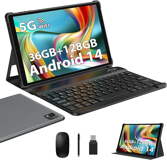LEVIRTU Tablet 10 Pulgadas Android 14 Tableta 5G WiFi Octa Cores,2.0GHz Tablet PC 36GB RAM+128GB ROM, 1920 * 1200 FHD, 8000mAh,13MP+8MP, GPS, Face ID, Tablet con Teclado, Ratón(Gris)