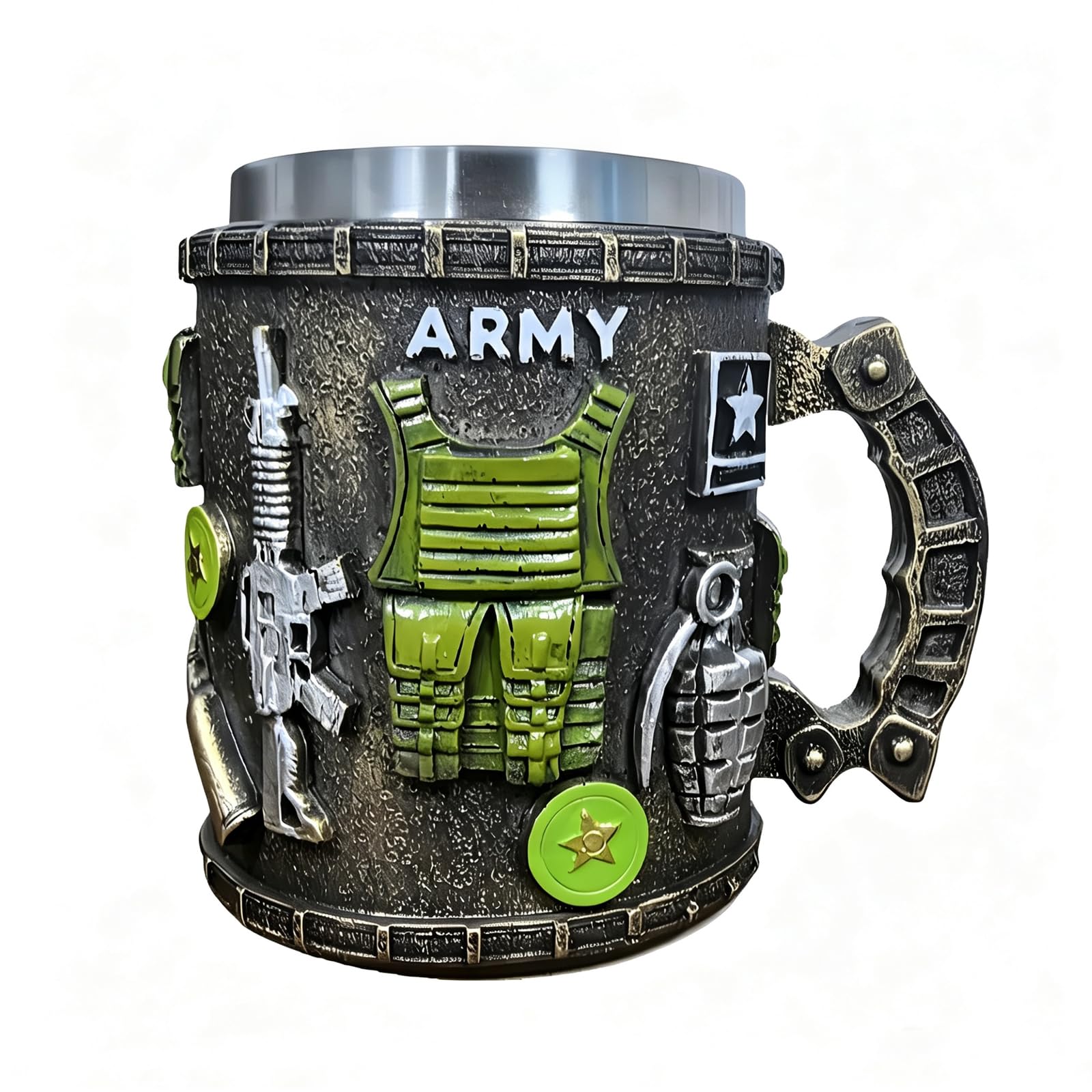 Army Military Decor Beer Mug, 3D Tactical Gear Sculpted Coffee Cup, Stainless Steel Lined Veteran Soldier Gift for Men, Patriotic Troops Souvenir Stein Mug 14oz (Army)