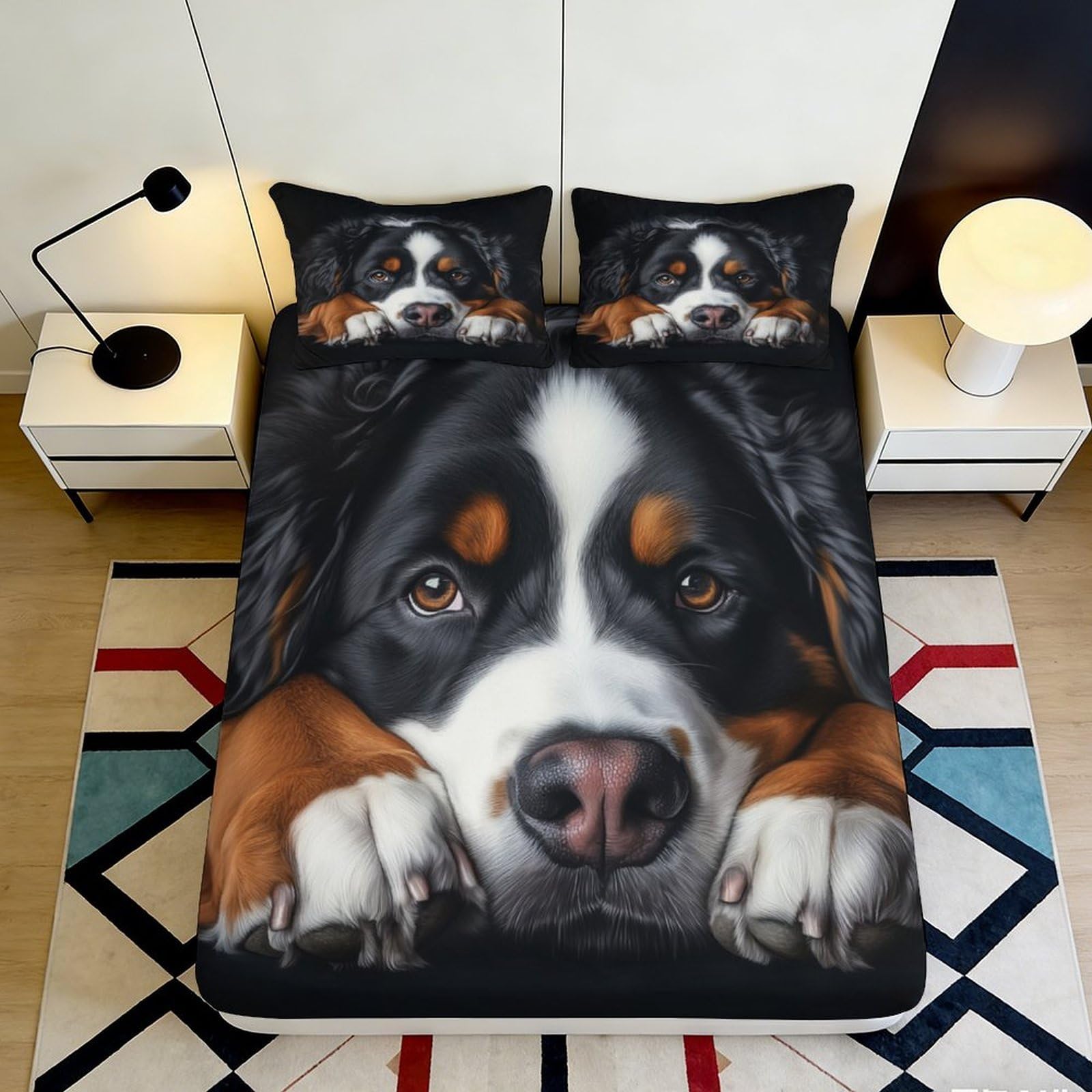 3D Printed Bernese Mountain Dog Fitted Sheet Microfiber Soft Durable Black Brown White Bed Cover for Bedroom Dormitory Guest Room Mattress Protection 140x200x25cm