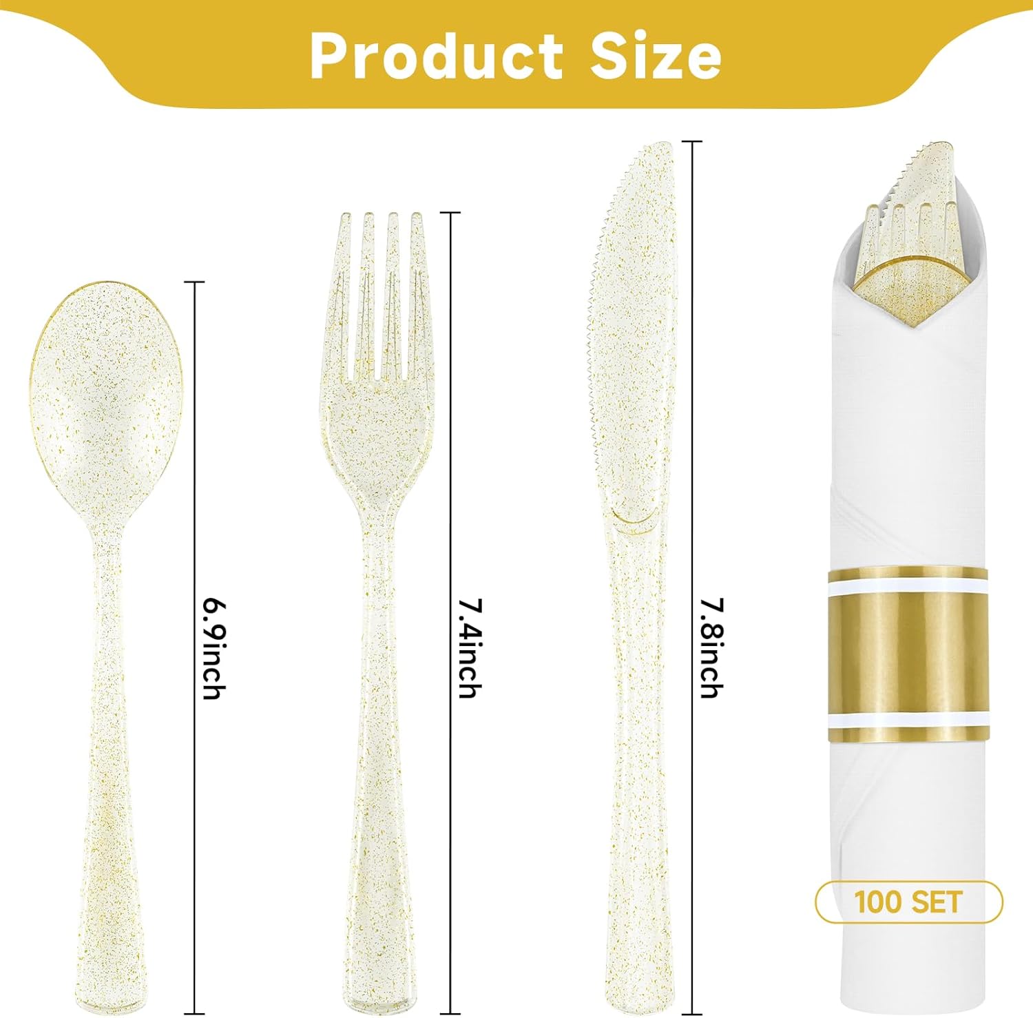 100 Pack Pre Rolled Gold Glitter Plastic Silverware Set, Heavy Duty Disposable Cutlery with 100 Forks, 100 Knives, 100 Spoons and Napkins, Wrapped Utensils for Parties Weddings Events