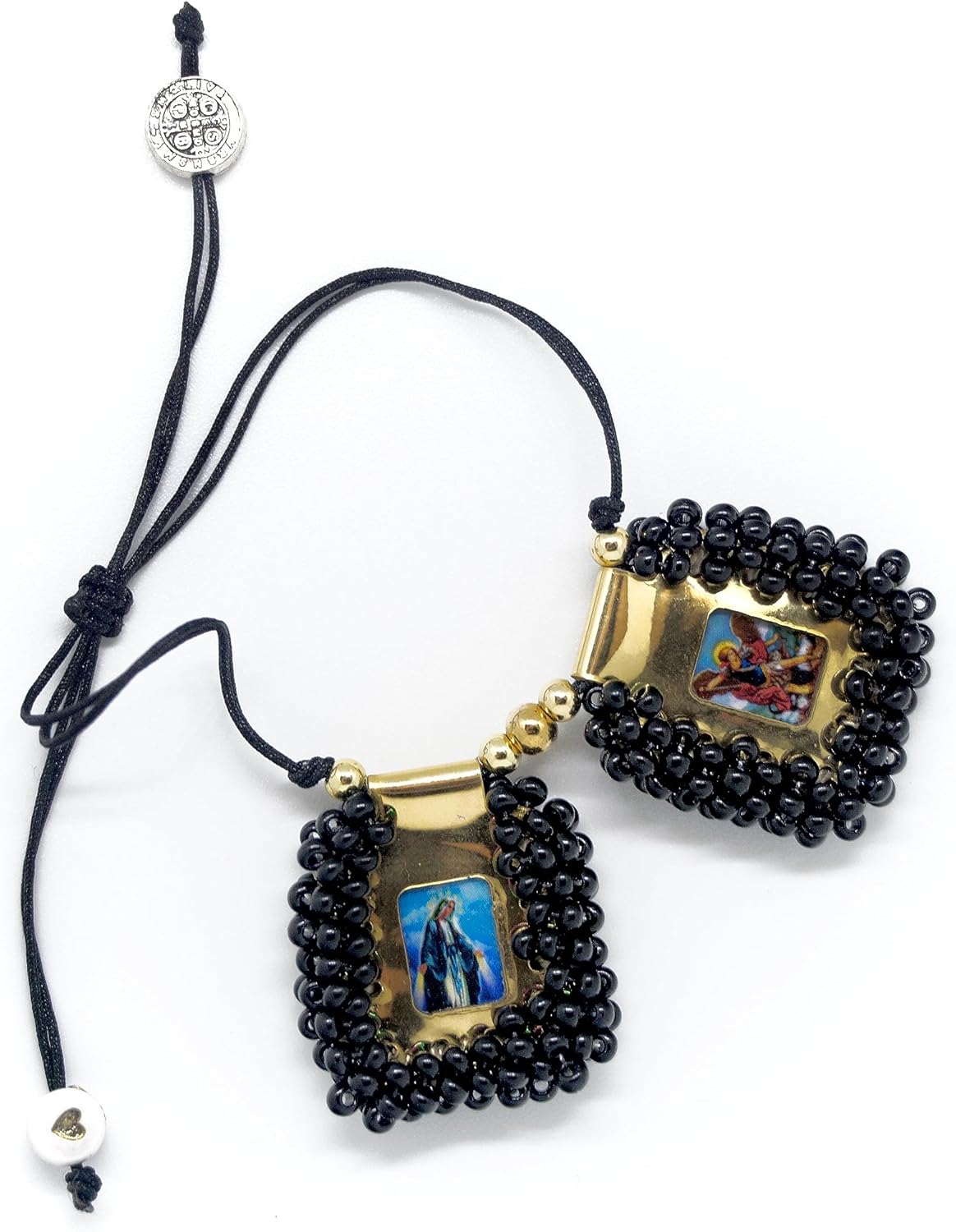 Sacred Scapular Bracelet Handmade Embroidered Bead Wristband of Sacred Heart of Jesus, Holy Virgin of Carmen, St. Michael Archangel. 2,5cm x 3cm Black Color by Zaraleas - Image 2