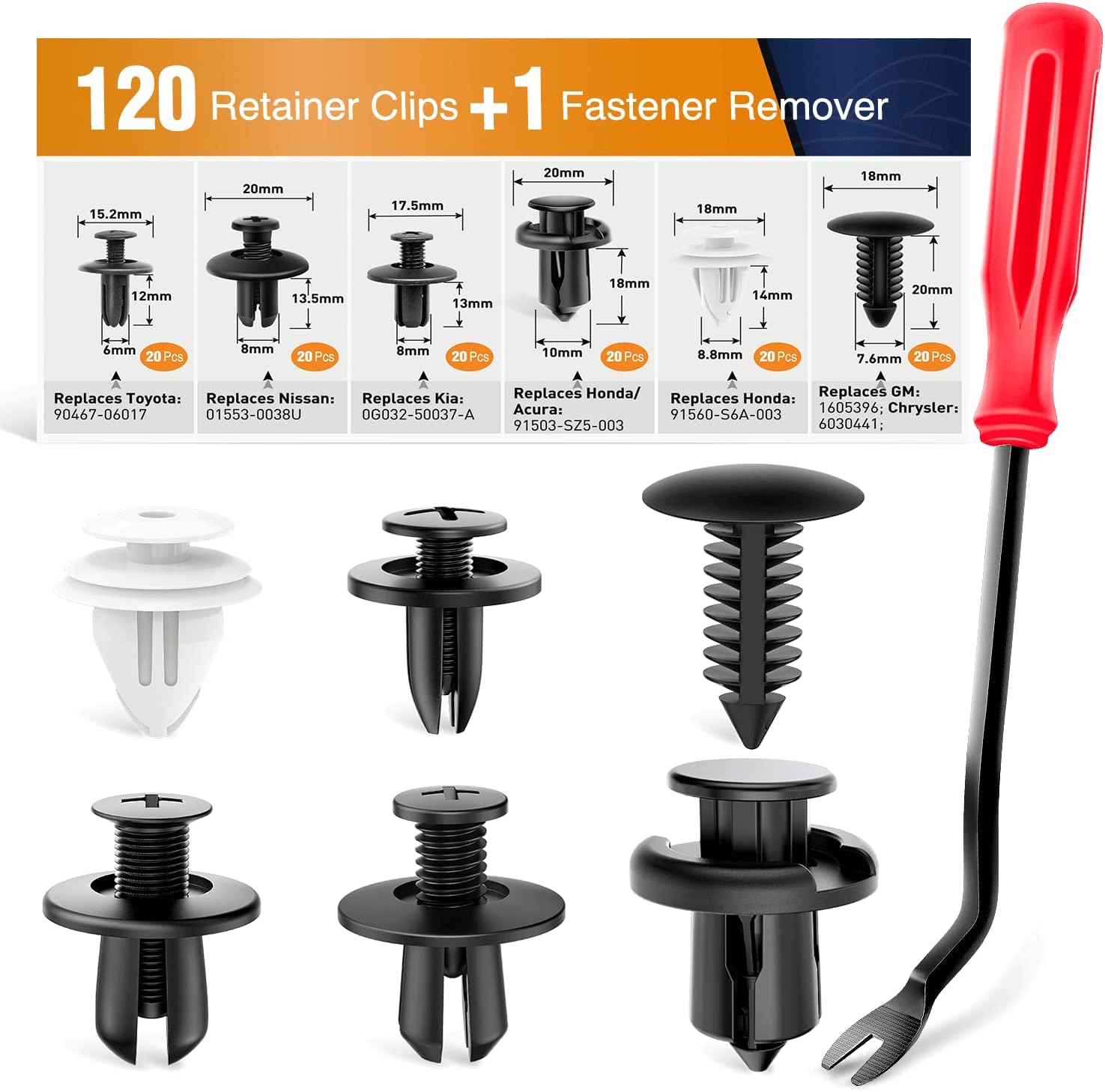 GOOACC 120PCS Car Bumper Push Retainer Clips & Nylon Fasteners Rivet Kit 6mm 7.6mm 8mm 8.8mm 10mm Door Trim Panel Clips, 1PC Fastener Remover, Black