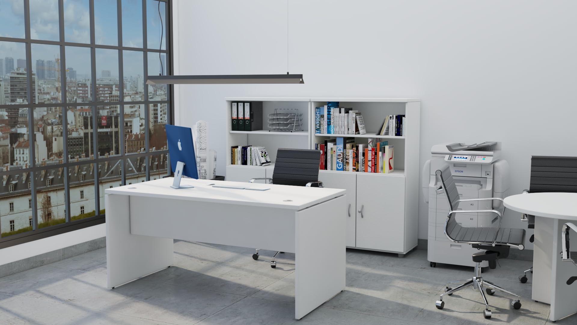 Spacio Escritorio de Madera H20, Mesa de Oficina para Ordenador con Pata de Panel, Tablero 30mm (Blanco, 160x80cm)