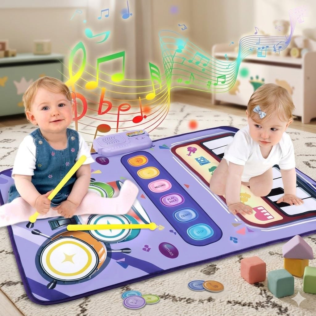 2-in-1 Musical Drum & Piano Combo Educational Play Mat for Kids | 24-Key Keyboard with 8 Instrument Sounds, Built-in Speaker, Record Function, Multi-Color Music Mat | Musical Toy for Boys & Girls-image-26