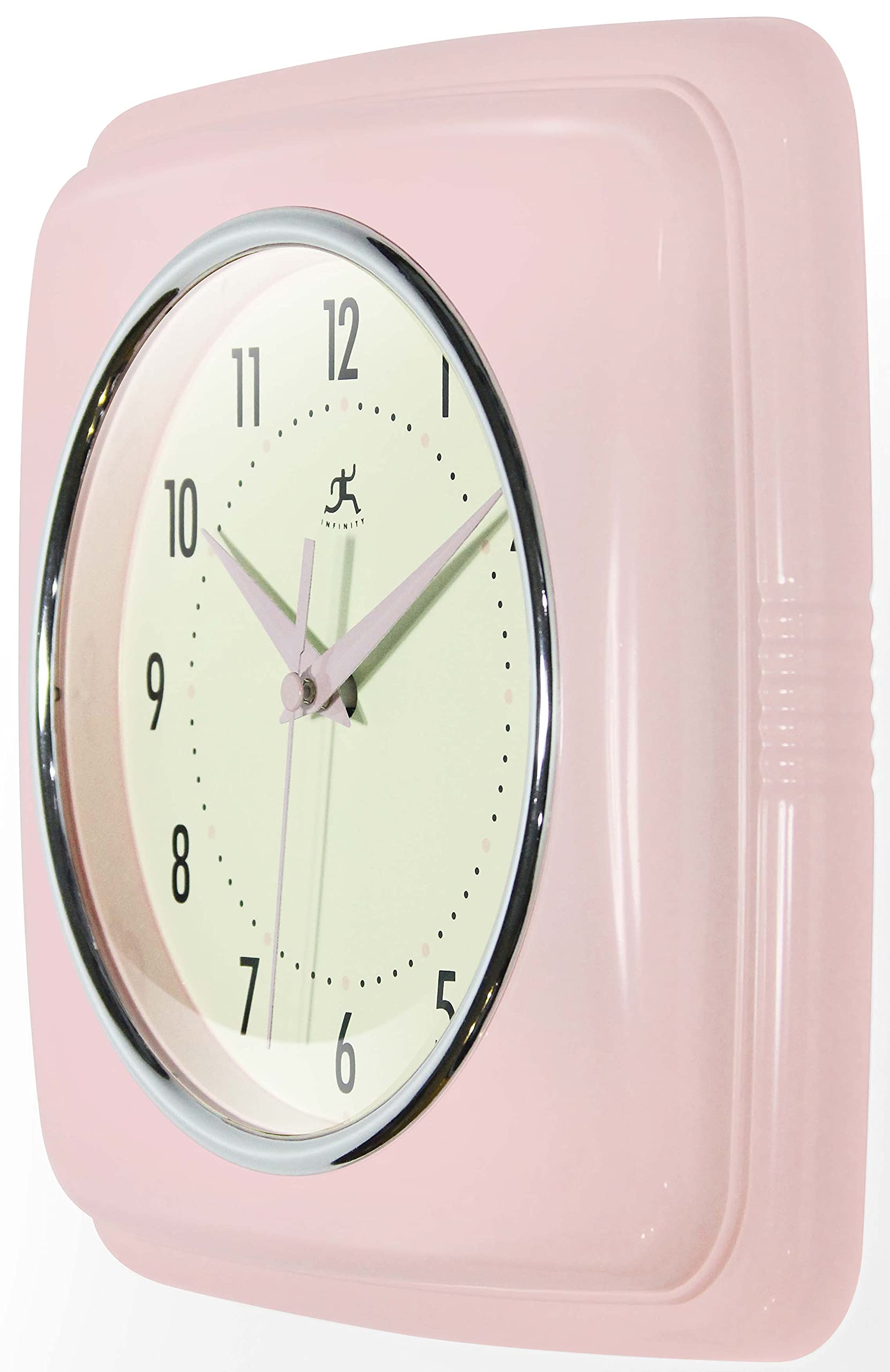 Infinity Instruments Square Silent Retro 9 inch Mid Century Modern Kitchen Diner Retro Wall Clock Quartz Sweep Movement (Pink) - Image 2