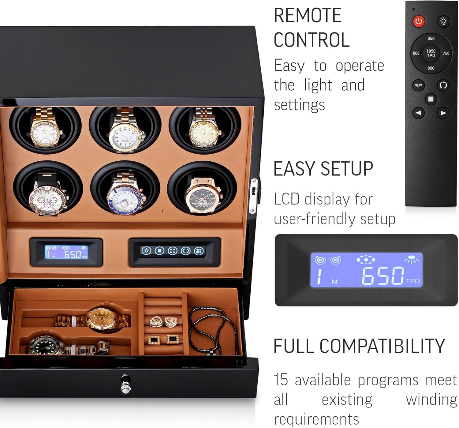 Automatic Watch Winder with LED Light, Storage Drawer and LCD Touchscreen Control