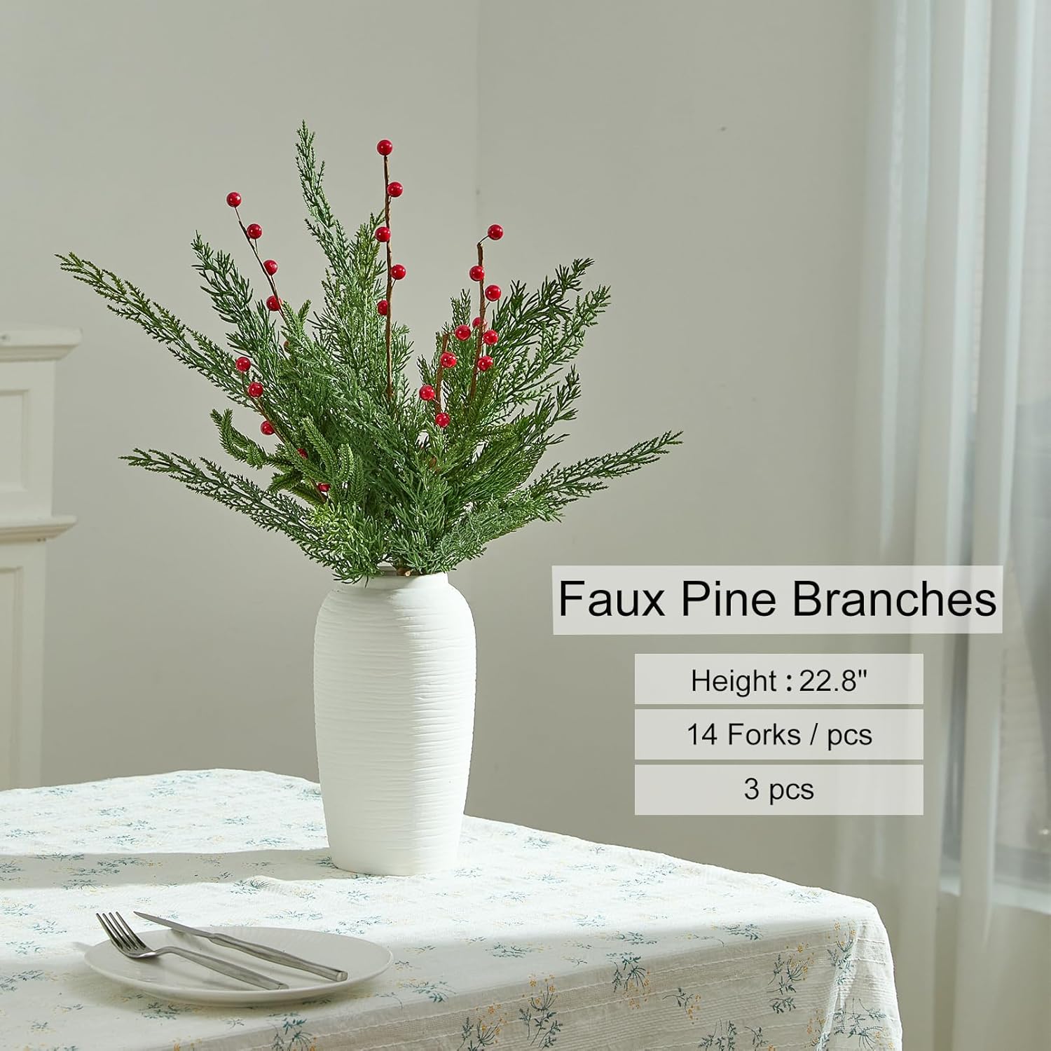 Heleze 22.8 Inch Christmas Greenery Stems - Artificial Pine Branches, Faux Cedar Cypress Norfolk Pine Picks with Red Berries for Vase Xmas Decor 3 Pcs