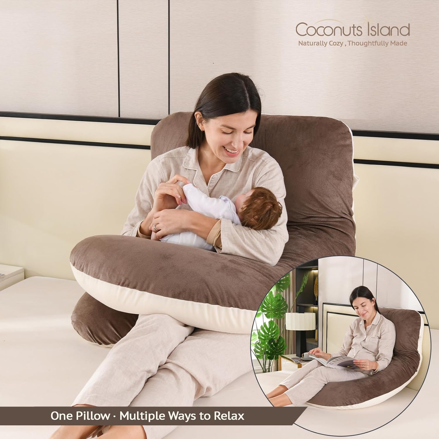 Pregnancy Pillows for Sleeping, 57-inch U Shaped Full Body Maternity Pillow with Removable Washable Cover - Support for Back, Belly, Hips, Legs for Pregnant Women, Khaki Brown Velvet