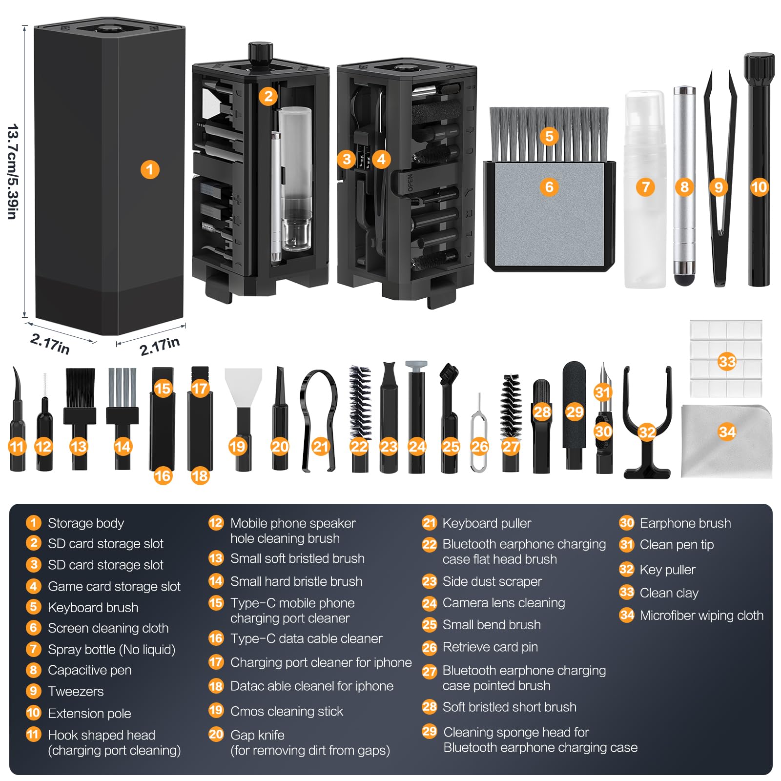 Kit de limpieza 34 en 1 para iPhone, kit de limpieza de teclado multifuncional, kit de limpieza de laptop con funda de almacenamiento portátil para Airpods, laptop, teclado, puerto de carga, cámara