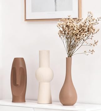 Ceramic Vases Pack of 3 Minimalism Style Flower Vases Home Decor for Living Room Pampas Grass Table 13 Dark Brown/Brown/Beige