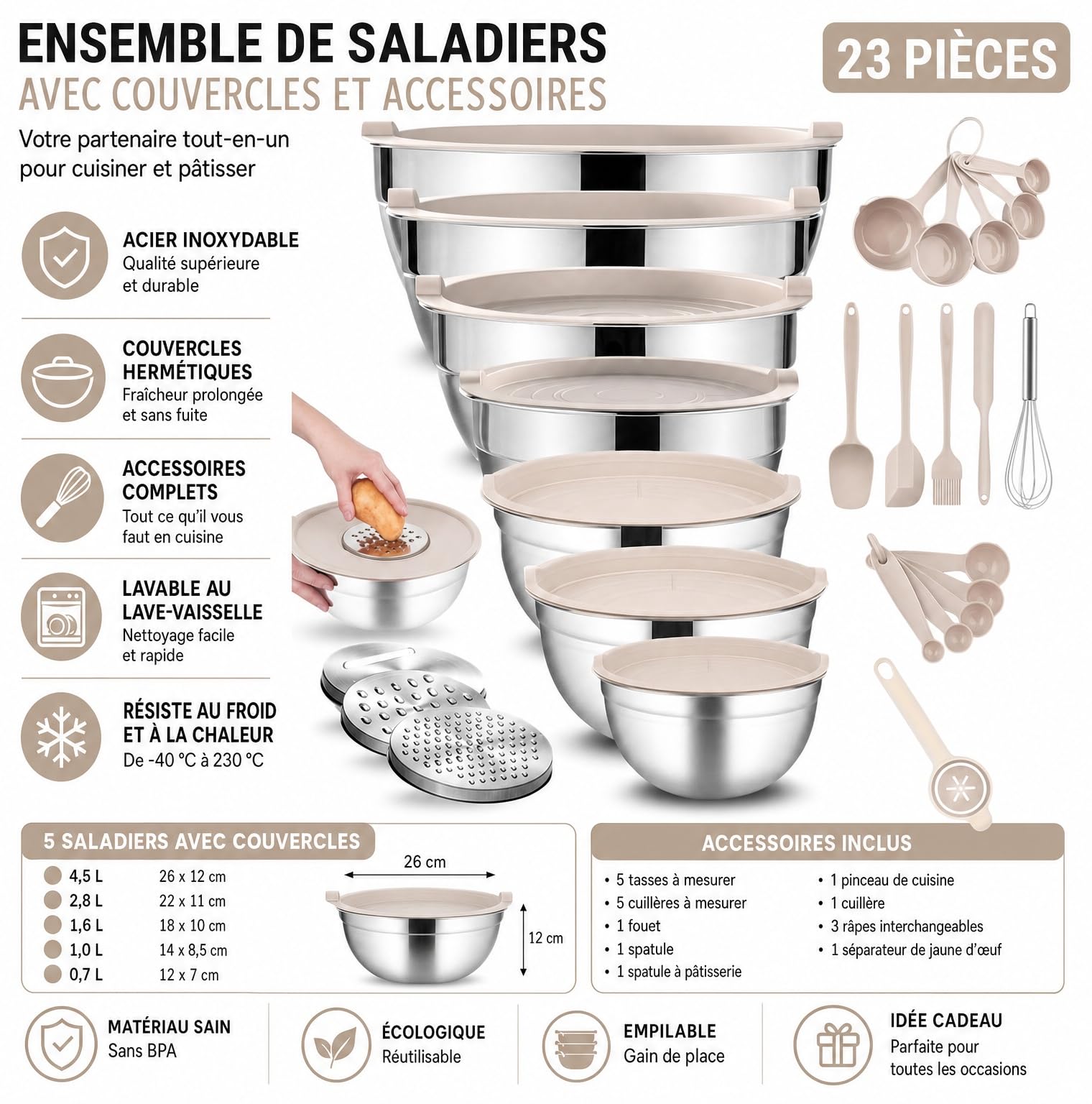 Lot de Bols mélangeurs en INOX 26 pièces - Bol à pâte - Bol à mélanger - Bol mixeur - Bol mélangeur - avec Couvercle Anti-éclaboussures - Couvercles hermétiques - Accessoires râpe