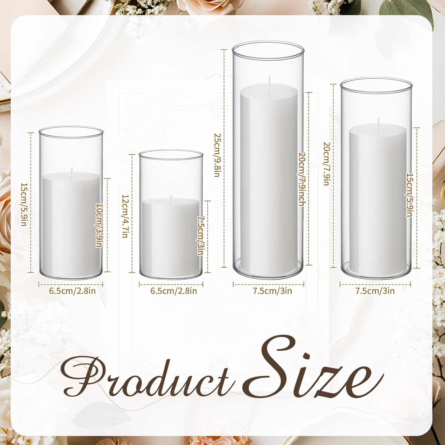 Shihanee Set of 24 Pillar Candles and Glass Cylinder Vases Assorted Sizes Clear Cylinder Holders for Pillar Candles Home Table Centerpieces Wedding Party Decorations (Multiple Sizes,White) Multiple Sizes White 24