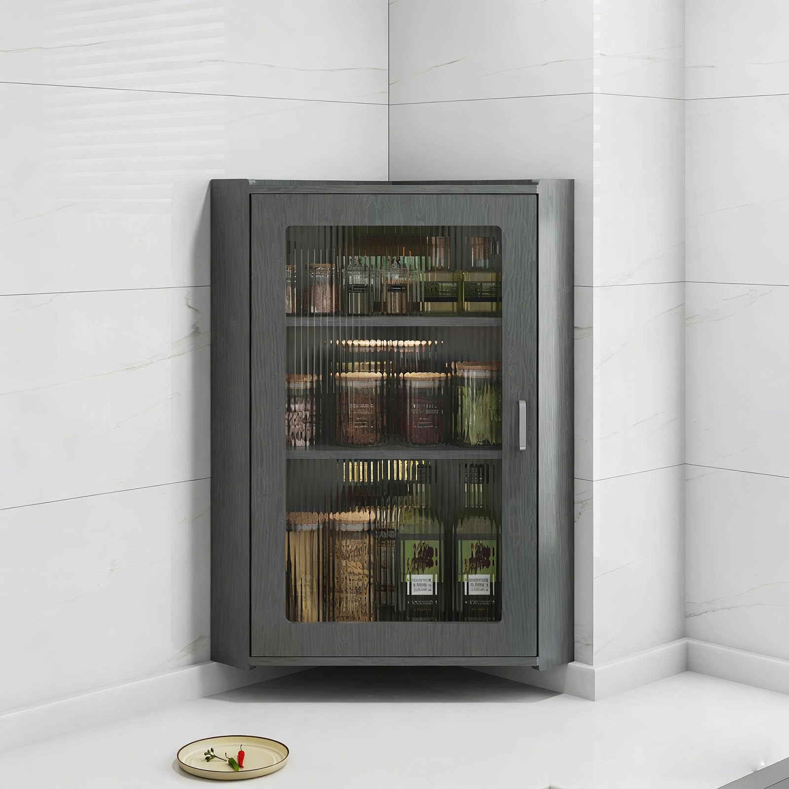 Scaffale angolare a 2/3 ripiani, per cucina e bagno, montaggio a parete, compatto, angolare con porta, ideale per piccoli spazi (grigio, 30,5 x 30,5 x 68,6 cm)