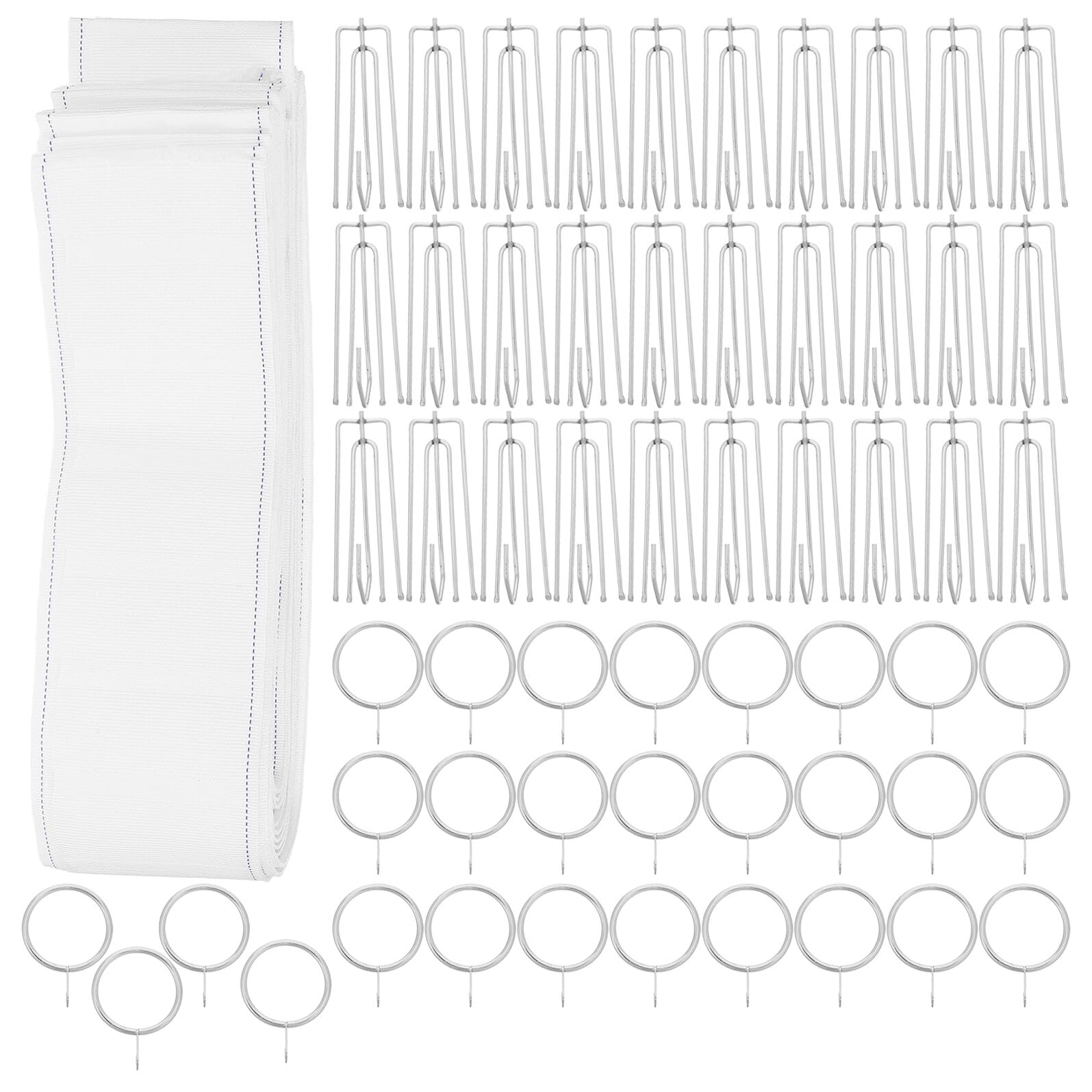 Mikikit Set Nastro Plissettato per Tende 30 Ganci a 4 Punte in Acciaio Inox e 30 Anelli, Accessori per Tende Sospese, per Binari e Aste, Uso Domestico e Fai da Te