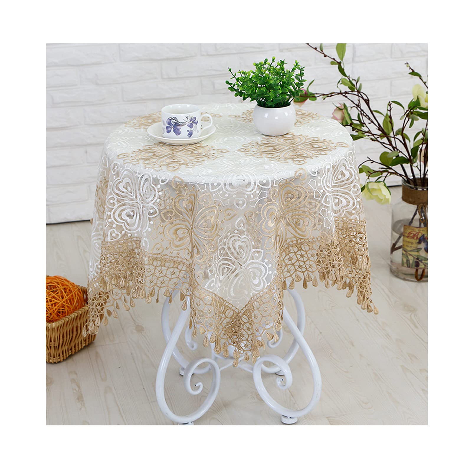 OPFdfhDFH Tablecloths, Floral Embroidered Tablecloth,Macrame Fabric Table Cloths for Parties,Dust-Proof Cover for Dining Party Wedding-C 150x150cm(D,130x180cm(51x71inch))