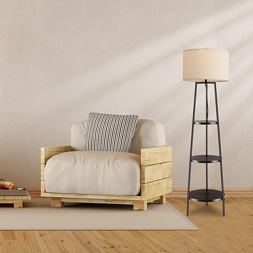 Miniatura 2 de Giantex Lámpara de pie con estantes de 3 niveles, moderna lámpara de pie de esquina con pantalla de lino beige, lámpara de pie industrial de 60