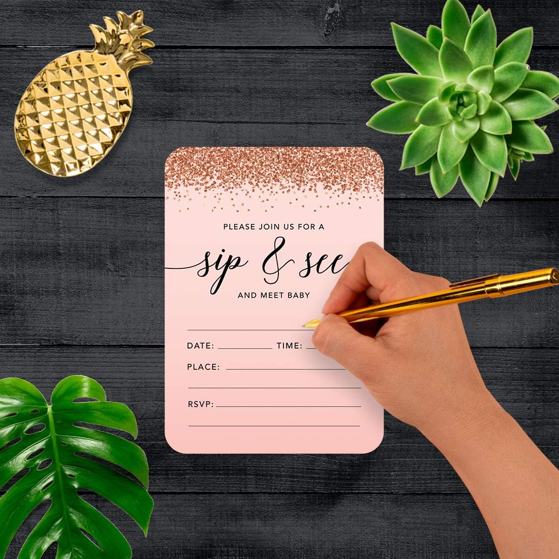 Andaz Press Blush Pink and Rose Gold Glitter Elegant Party Collection, 5x7-inch Invitations with Envelopes, Sip and See Baby Shower, 24-Pack, Double Sided Printing, Heavy Card Stock
