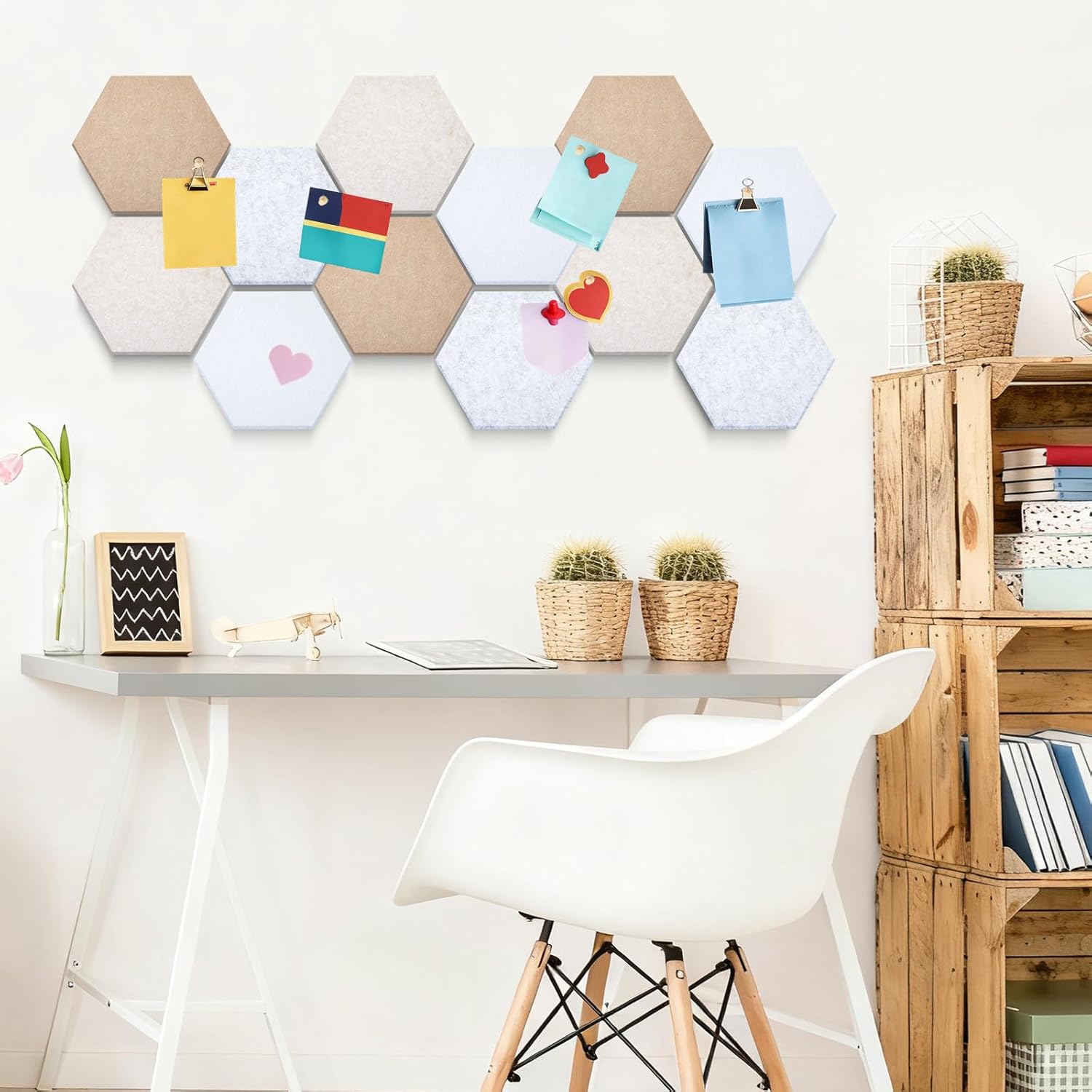 16 Pcs Hexagon Cork Board for Walls with 50 Wooden Push Pins 12x10 in Felt DIY Tiles Notice with Nano Tape Hanging Bulletin Board for Home Photo Office Memo Note(Retro)