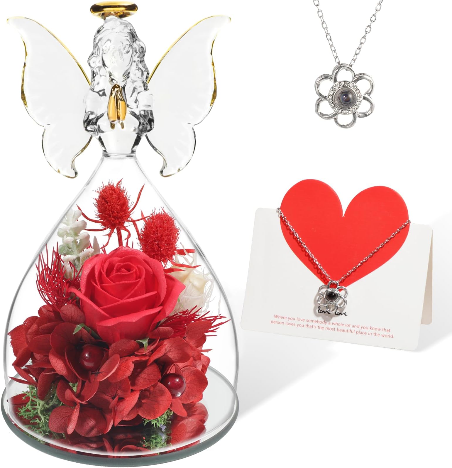 YWBG Preserved Flowers Red Roses Gifts for Women Mom Her, Guardian Angel Figurines as Unique Women Gifts, Mom Gifts, Grandma Gifts, Girl Gifts, Sister Gifts on Christmas Birthday Anniversary Sympathy