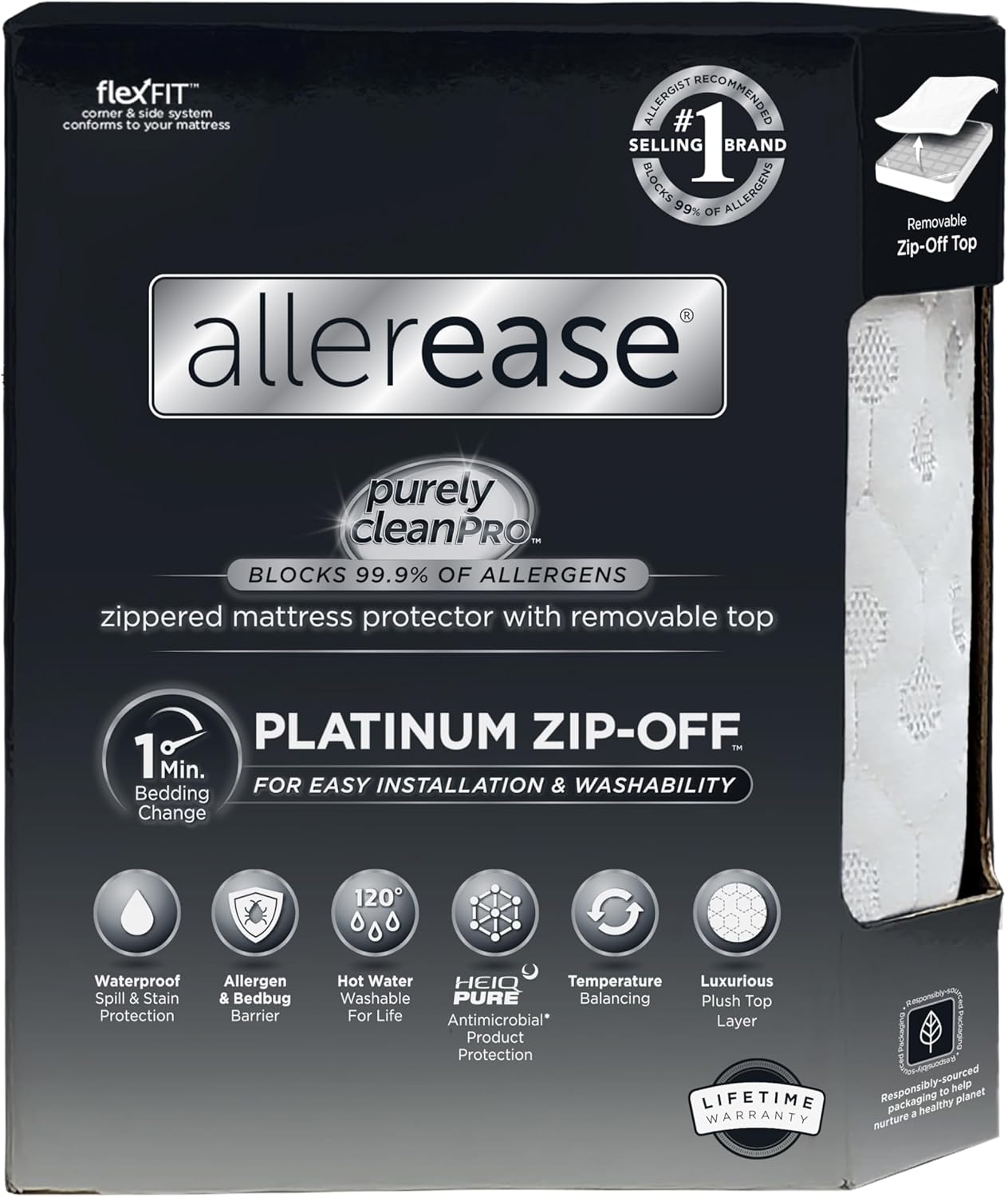 AllerEase Platinum Zip-Off Top Waterproof Mattress Protector Queen 360 Degree Zipper Particle Barrier Temperature Balancing Luxurious Plush Top Separately Machine Washable Mattress Cover (White)