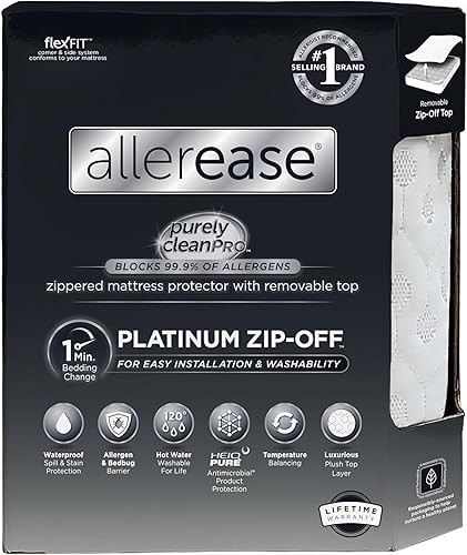 AllerEase Platinum Protector de Colchón Impermeable con Cremallera Desmontable Superior Tamaño Queen Cremallera de 360 Grados Barrera de Alérgenos