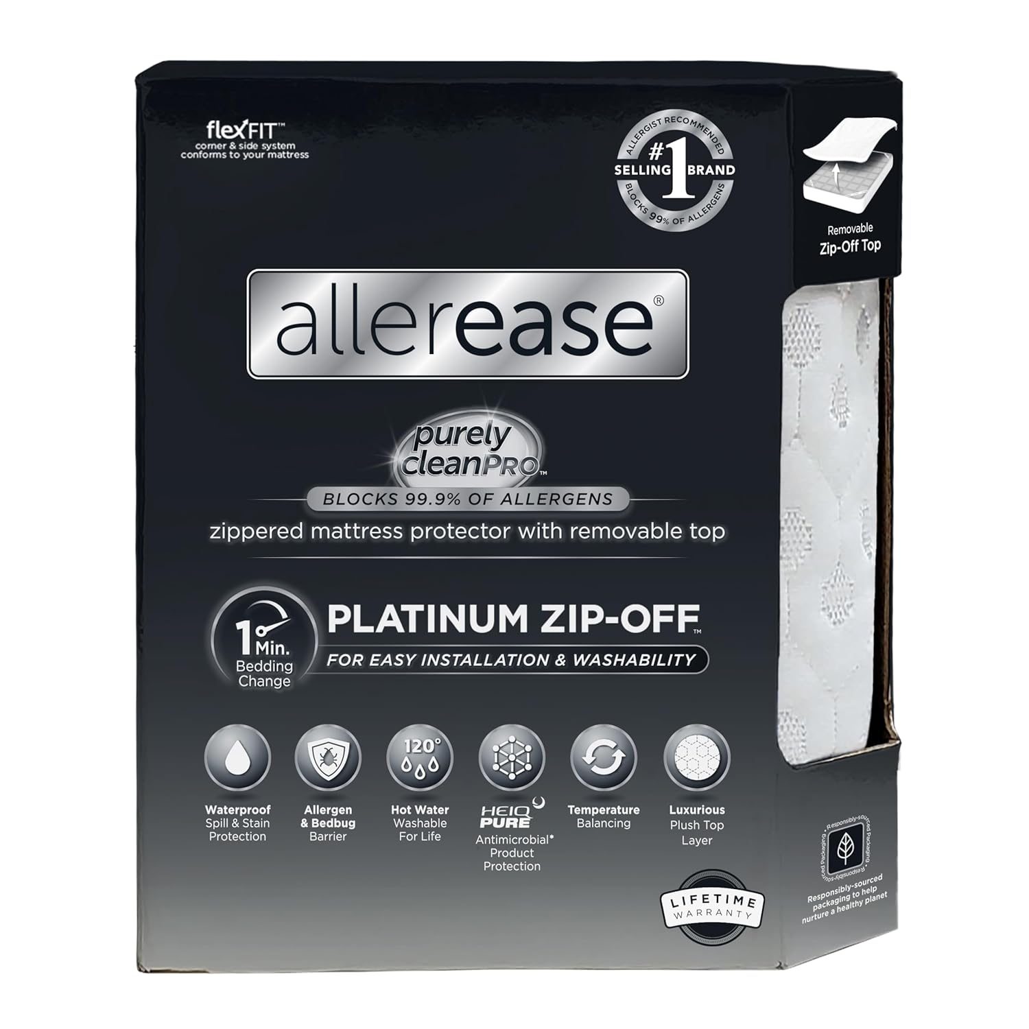 AllerEase Platinum Zip-Off Top Waterproof Mattress Protector Queen Size 360 Degree Zipper Allergen Barrier Temperature Balancing Luxurious Plush
