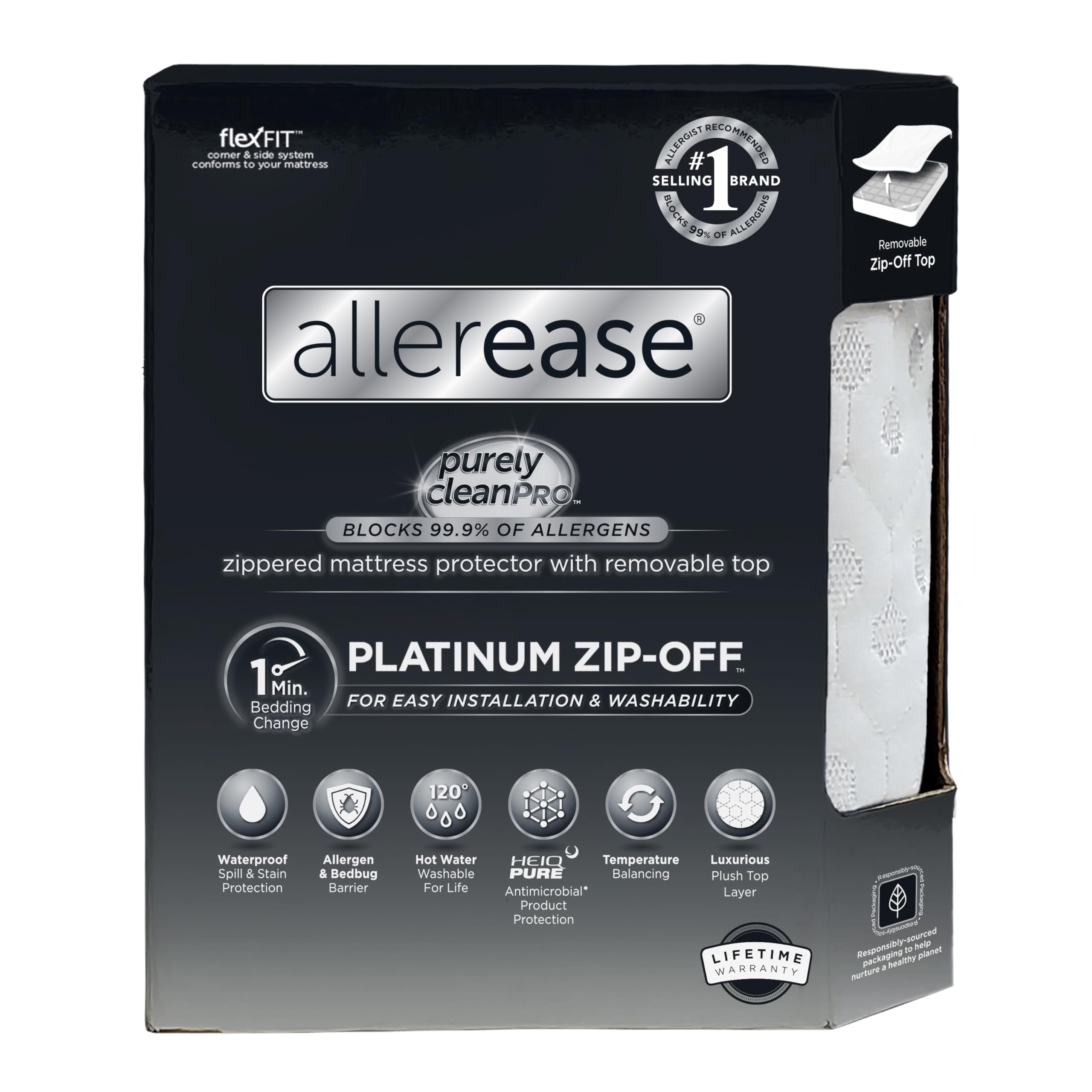 AllerEase Platinum Zip-Off Top Waterproof Mattress Protector Queen Size 360 Degree Zipper Allergen Barrier Temperature Balancing Luxurious Plush Top Separately Machine Washable Mattress Cover (White)