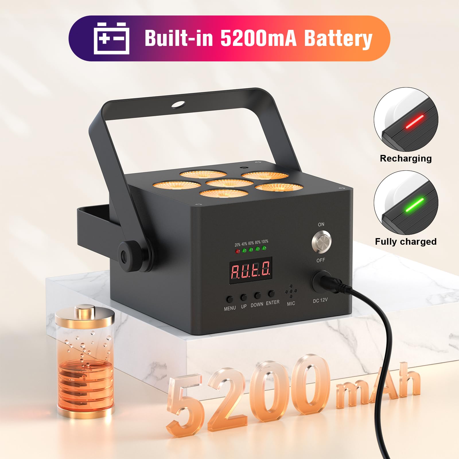 4er 60 W Akku LED Par Licht mit Lichtstativ und Fernbedienung, Wiederaufladbare 5200-mAh RGBWA+UV DMX Bühnenlicht mit Soundaktivierung DJ Uplights für disco Partys Hochzeiten Konzerte