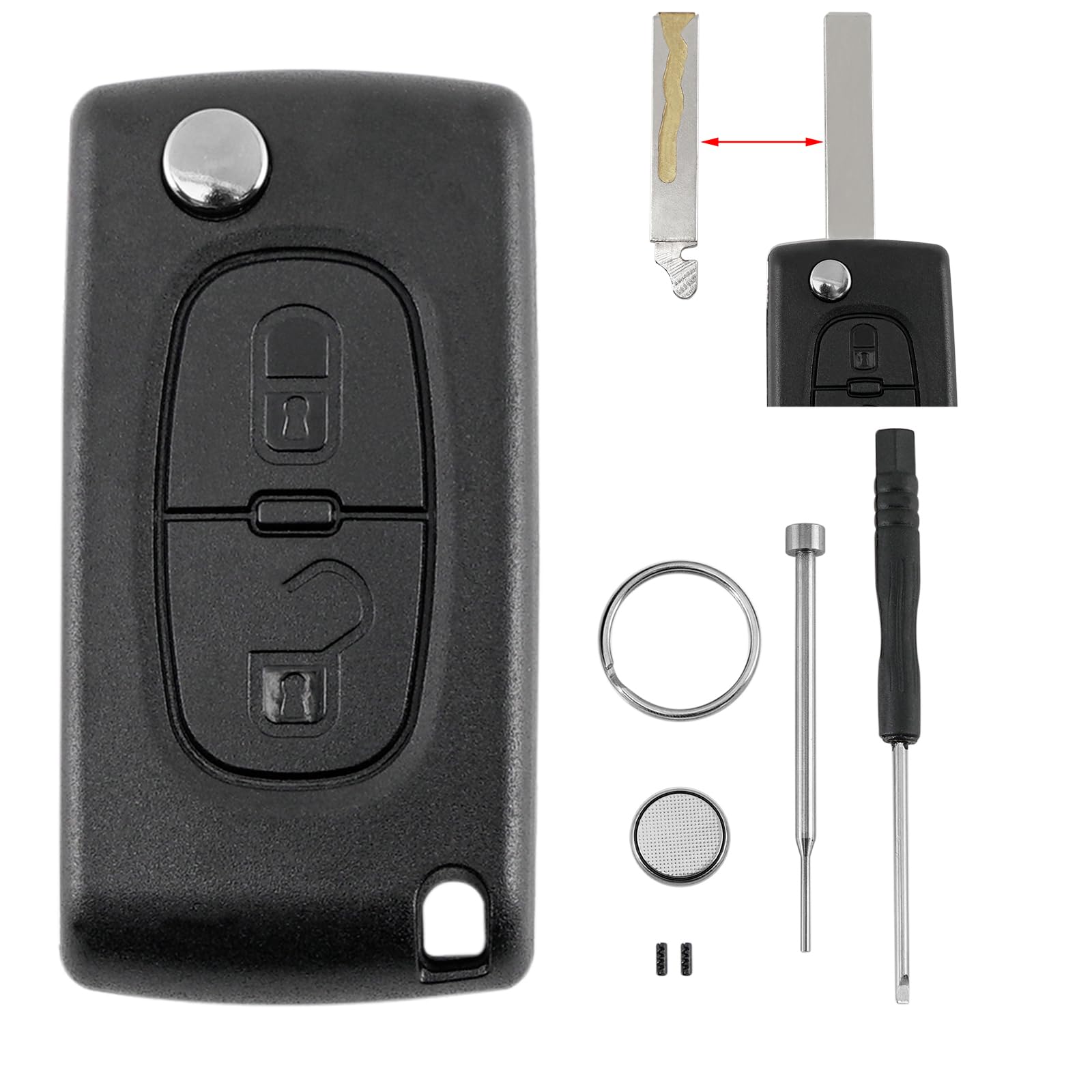 CE0523 2 Tasten Auto Schlüssel Gehäuse für Peugeot 207 307 308 3008 5008 807 Expert mit Batterie CR1620 und Pin-Entfernungswerkzeug Schraubendreher Schlüsselring