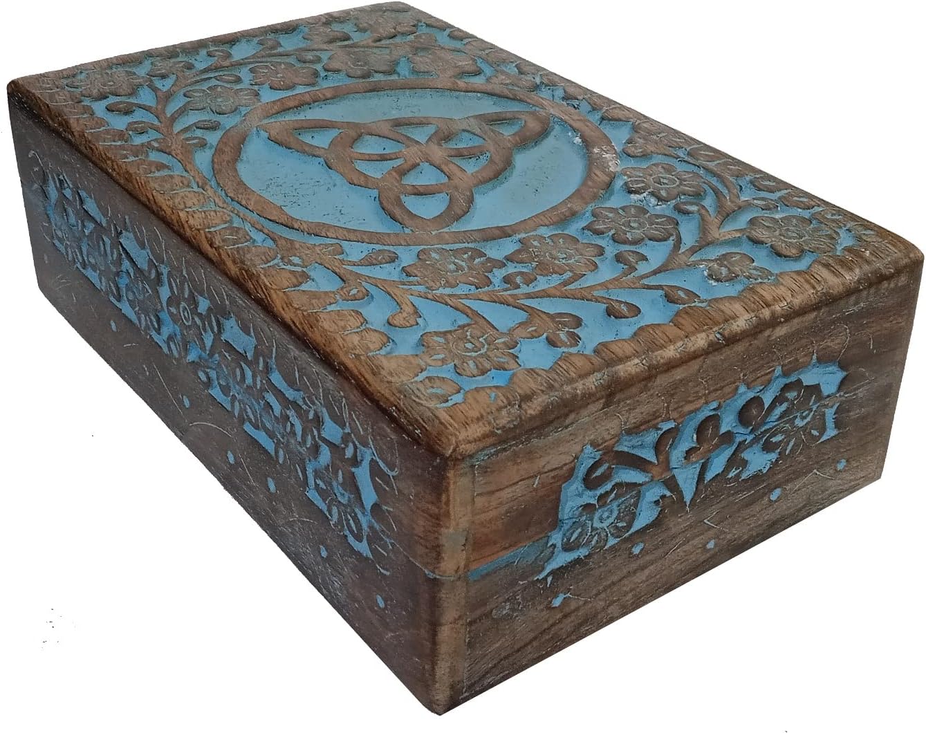 Purpledip Wooden Decorative Box 'Triskelion': Handcarved Intricate Design, Vintage Blue (12345A)