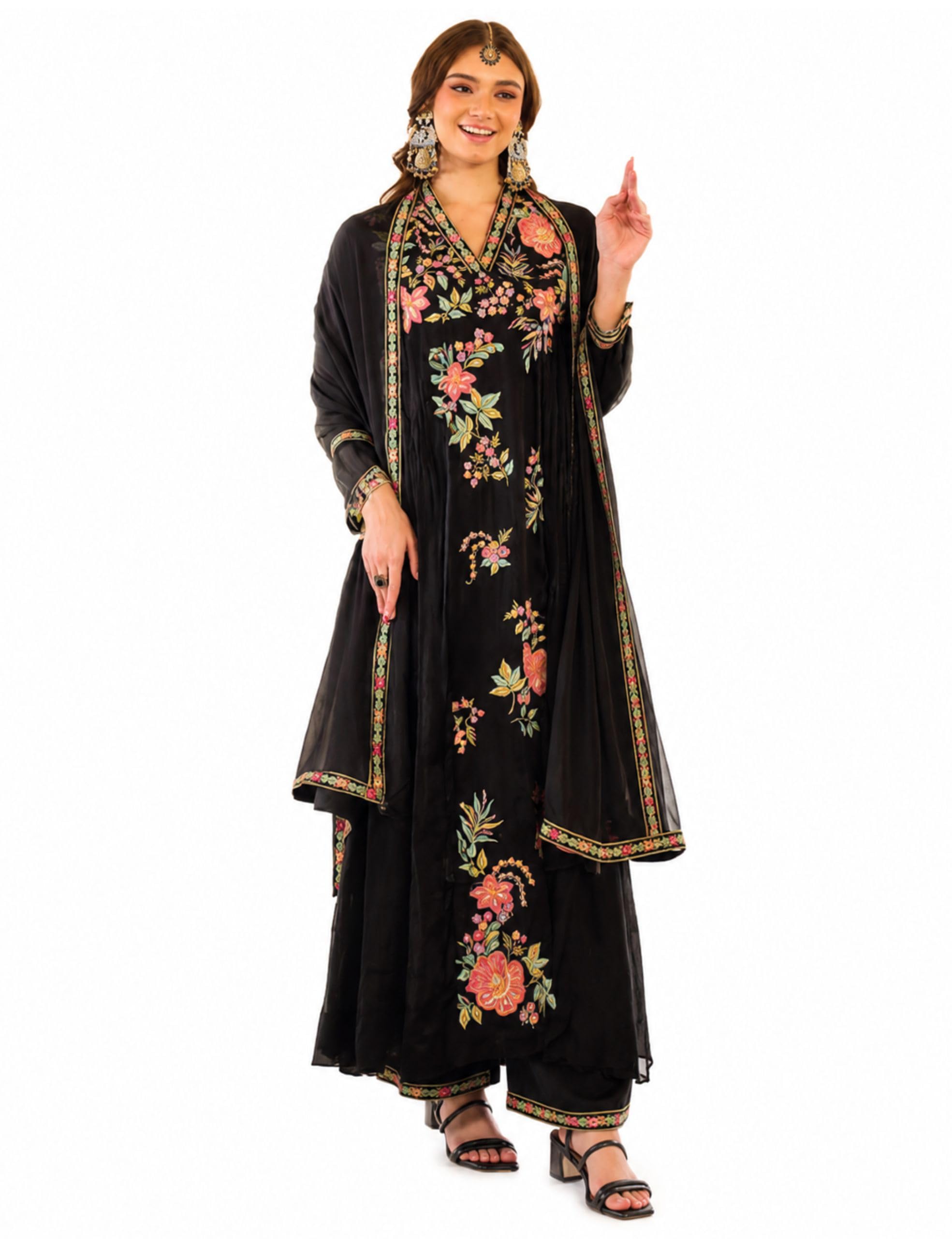 Women’s Floral Embroidered Short Kurti with Wide-Leg Palazzo Pants Set | Ethnic, Traditional Suit Set & Co-ord Outfit | Wedding & Party Outfit-image-48