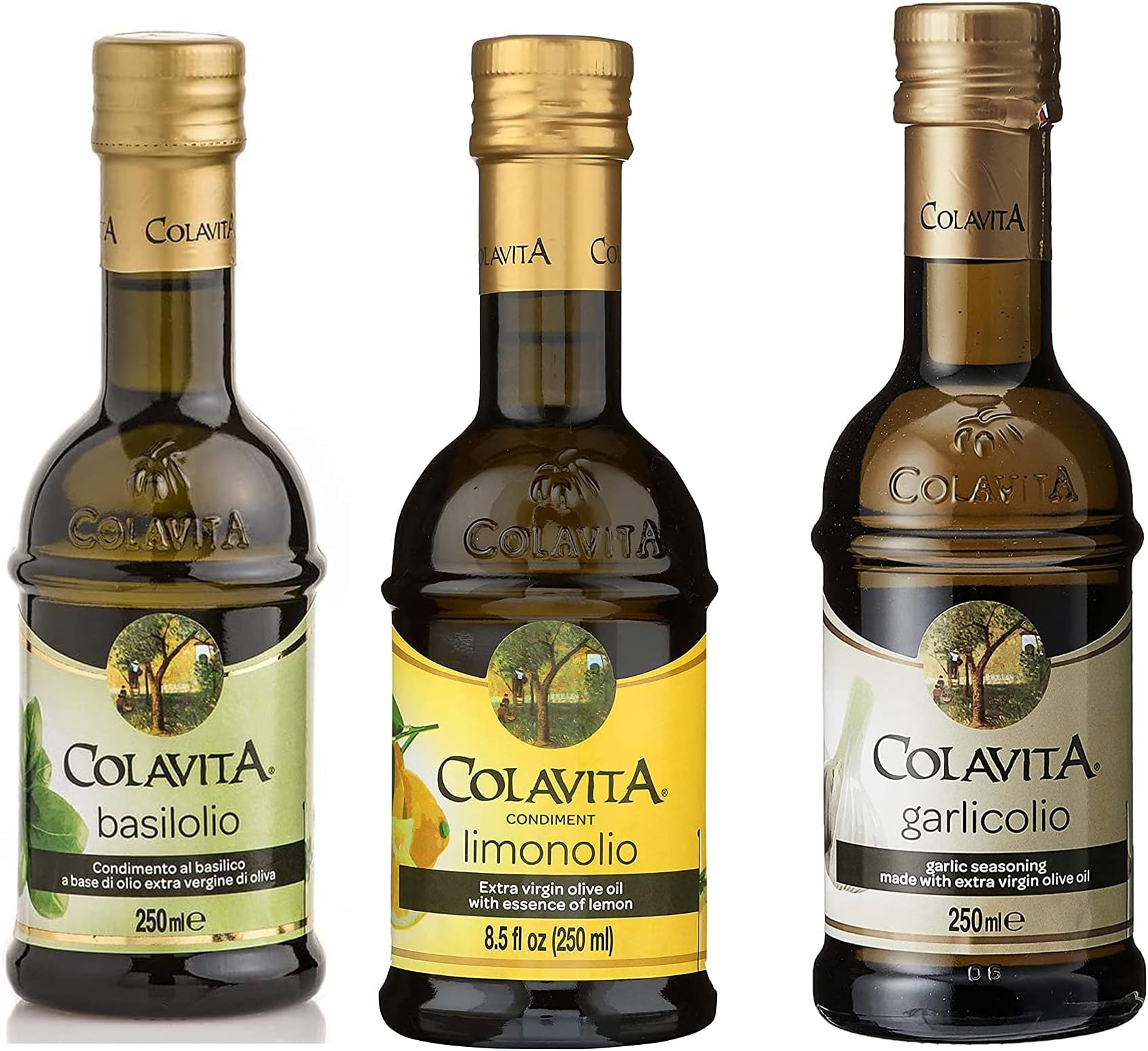 Set of 3 Colavita Italian Extra Virgin Flavoured Olive Oil Collection for Summer BBQ Salads Garlic, Basil and Lemon (3 x 250ml)