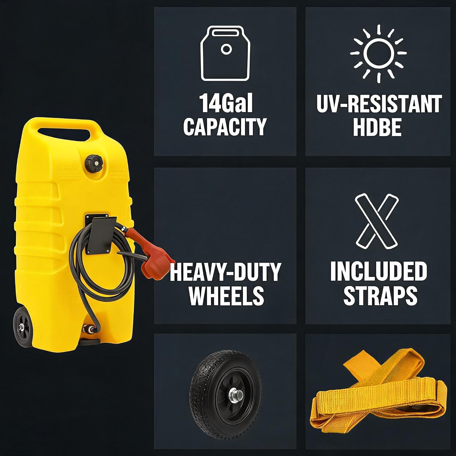 Takywep 14 Gallon(53L) Gas Caddy, Anti-Leak Portable Fuel Tank, 10FT Reinforced Hose & Siphon Pump, 7" All-Terrain Wheels, for Gasoline Diesel Kerosene Lawn Mower Boat Farm，Yellow