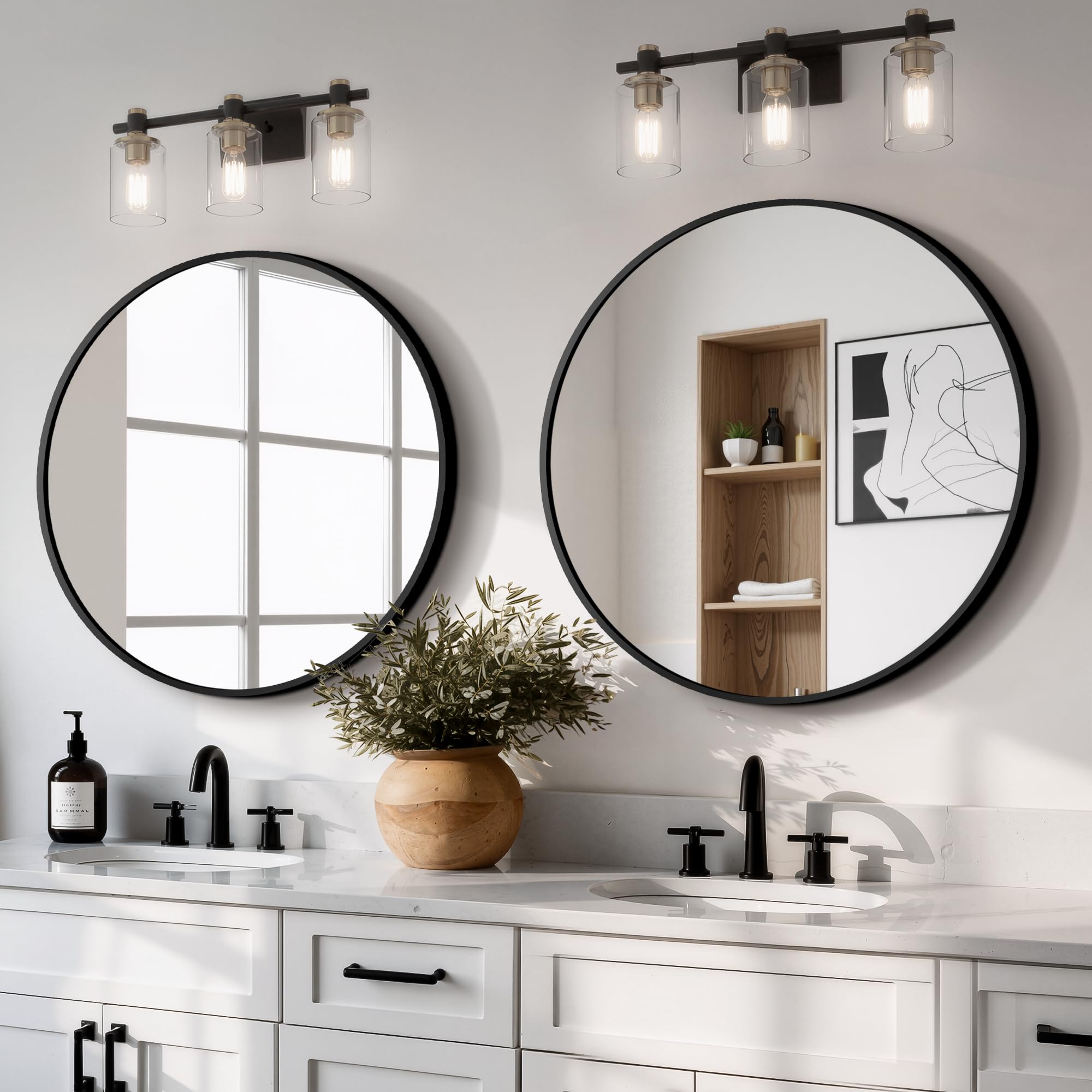 22 Inch Round Bathroom Mirror 2 Pack Black Metal Framed Circle Wall Mirror for Over Sink Modern Vanity