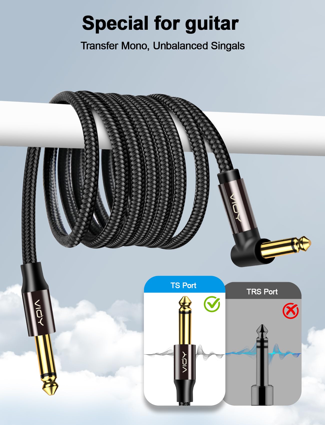 VIOY Guitar Cable 5M, 6.35 mm (1/4) TS Mono Jack Unbalanced Right Angle Long Instrument Cables - Image 4