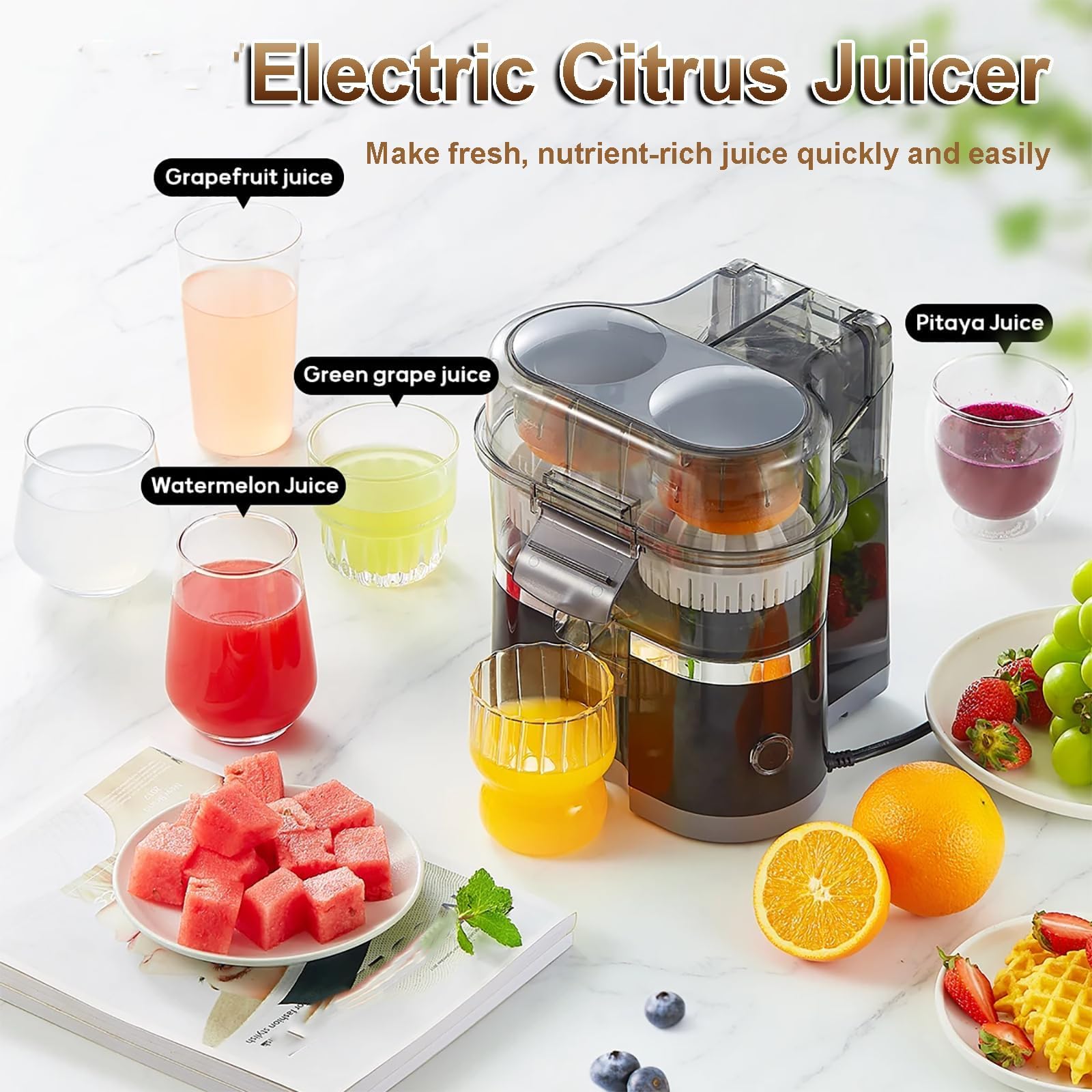 Exprimidor de cítricos automático de doble cabezal de 100W, exprimidor eléctrico de naranja de 500ml con 18000 RPM, ranura de pulpa de 8 cuchillas con cortador de fruta incorporado, para naranja, limó
