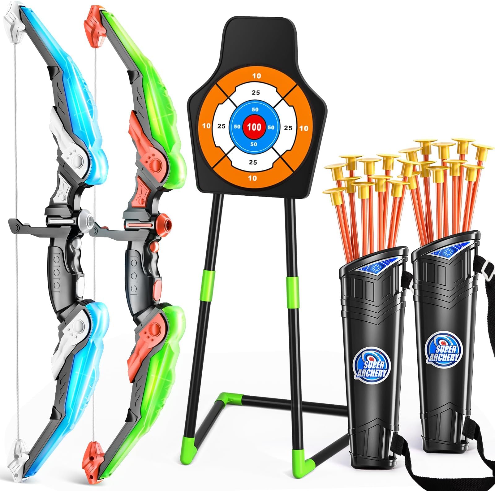 TMEI Bow and Arrow Set for Kids with LED Lights-Archery Set with Suction Cup Arrows, Quivers & Standing Target, Outdoor Toys for Children Boys & Girls Ages 3-12 Years Old