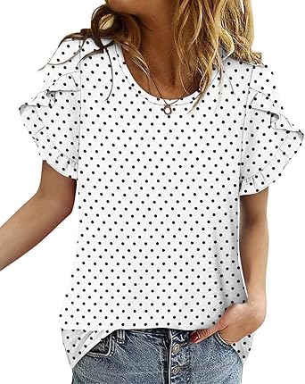CRAZY GRID Women's Shirts Summer Casual Crewneck Ruffle Short Sleeve Blouses Cute Floral Print Tunic Tops