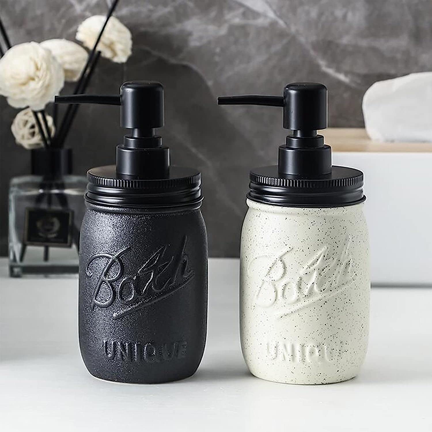 Dozownik mydła, Jednokolorowy ceramiczny dozownik mydła w płynie z pompką do zlewu kuchennego i łazienki, 480 ml, 8x8x18cm, 1 szt(Black)