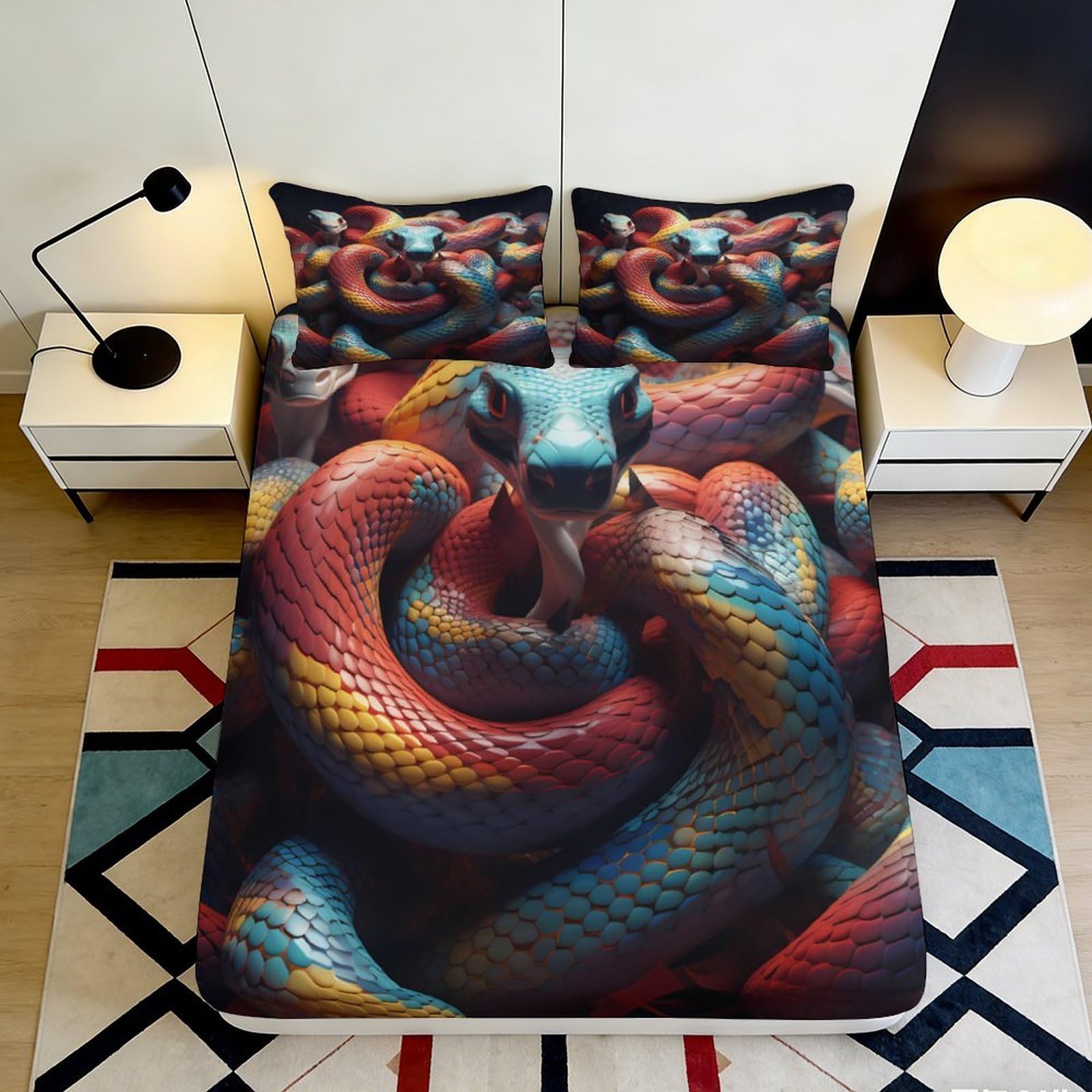 3D Printed Multicolor Snake Fitted Sheet Microfiber Soft Breathable Animal Pattern Bed Cover for Bedroom Dorm 90x200x25cm