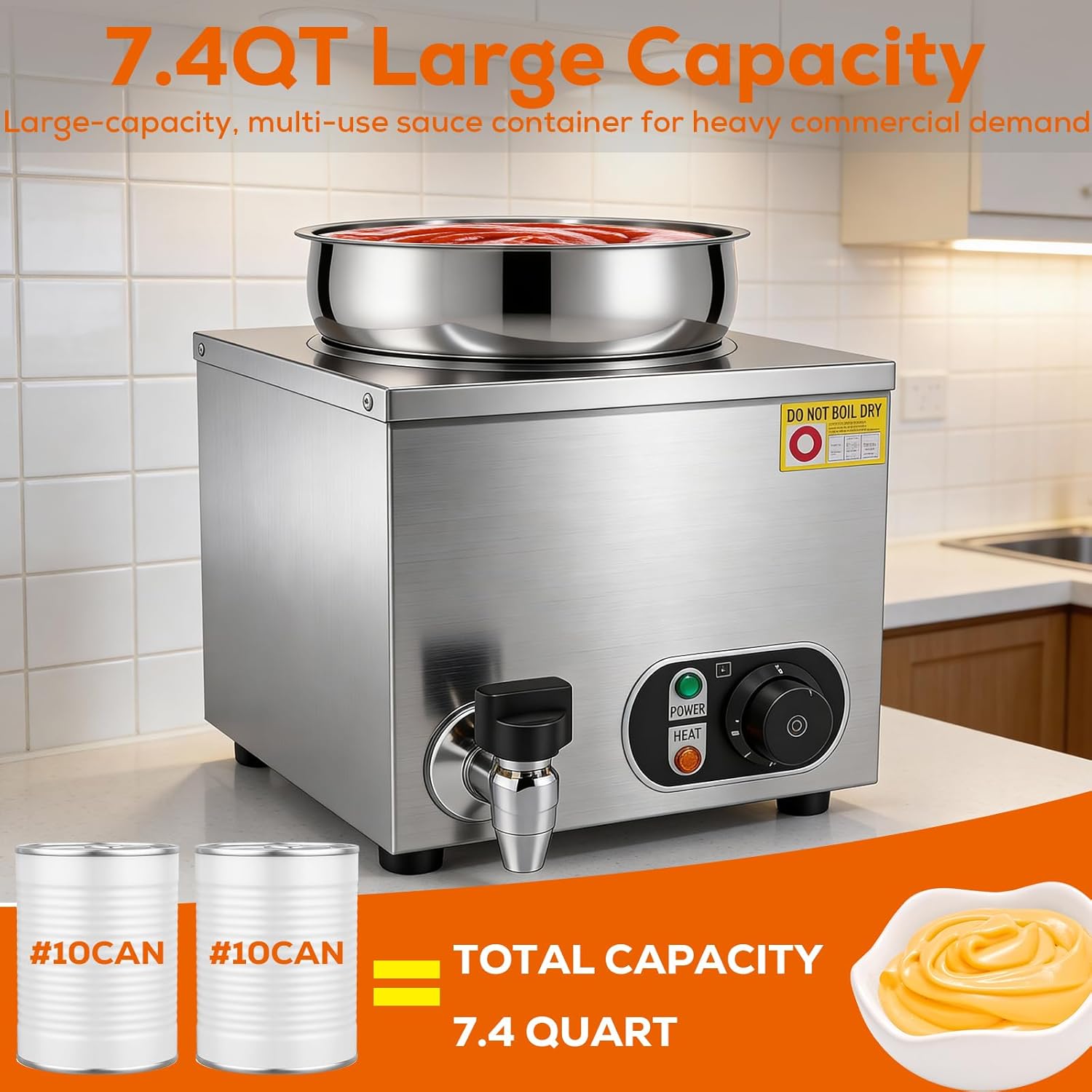 7.4 Qt Stainless Steel Cheese & Sauce Warmer with Temperature Control – Commercial Water Bath Food Heater for Cheese, Chocolate, Sauces, Soups, Nachos, Popcorn, Catering & Buffet （110V）